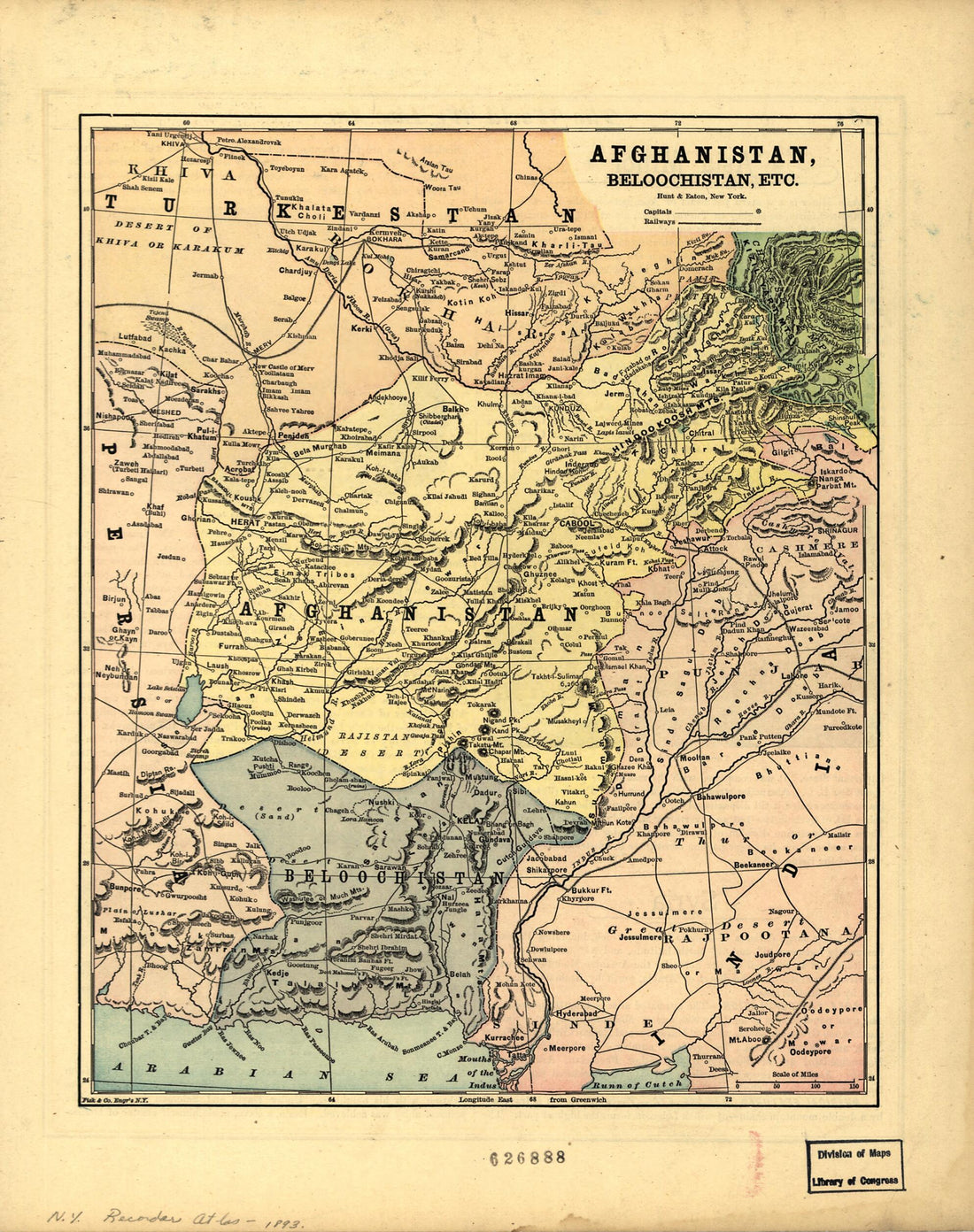 This old map of Afghanistan, Beloochistan, Etc from 1893 was created by Hunt & Eaton in 1893