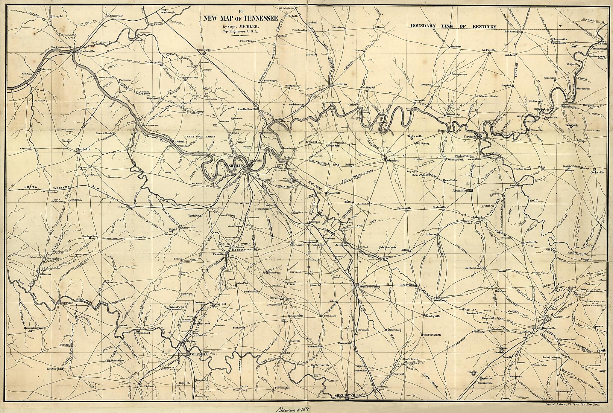 This old map of A New Map of Tennessee from 1860 was created by N. (Nathaniel) Michler in 1860