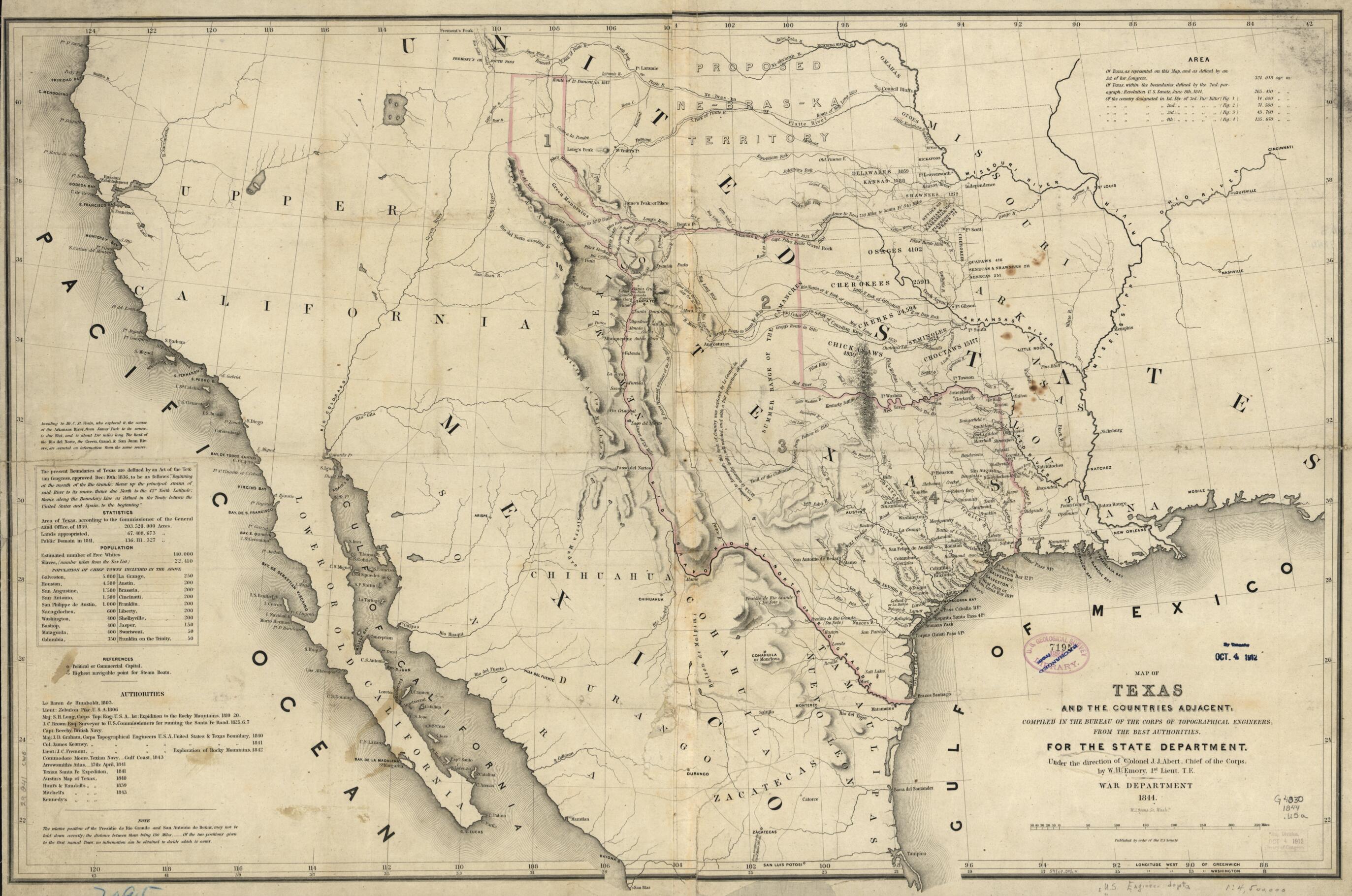 This old map of Map of Texas and the Countries Adjacent from 1844 was created by William H. (William Hemsley) Emory, William James Stone, United States. Army. Corps of Topographical Engineers, United States. Corps of Topographical Engineers in 1844