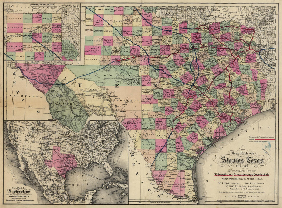This old map of Neue Karte De Staates Texas Für from 1881 was created by G.W. & C.B. Colton & Co, Gesellschaft in 1881