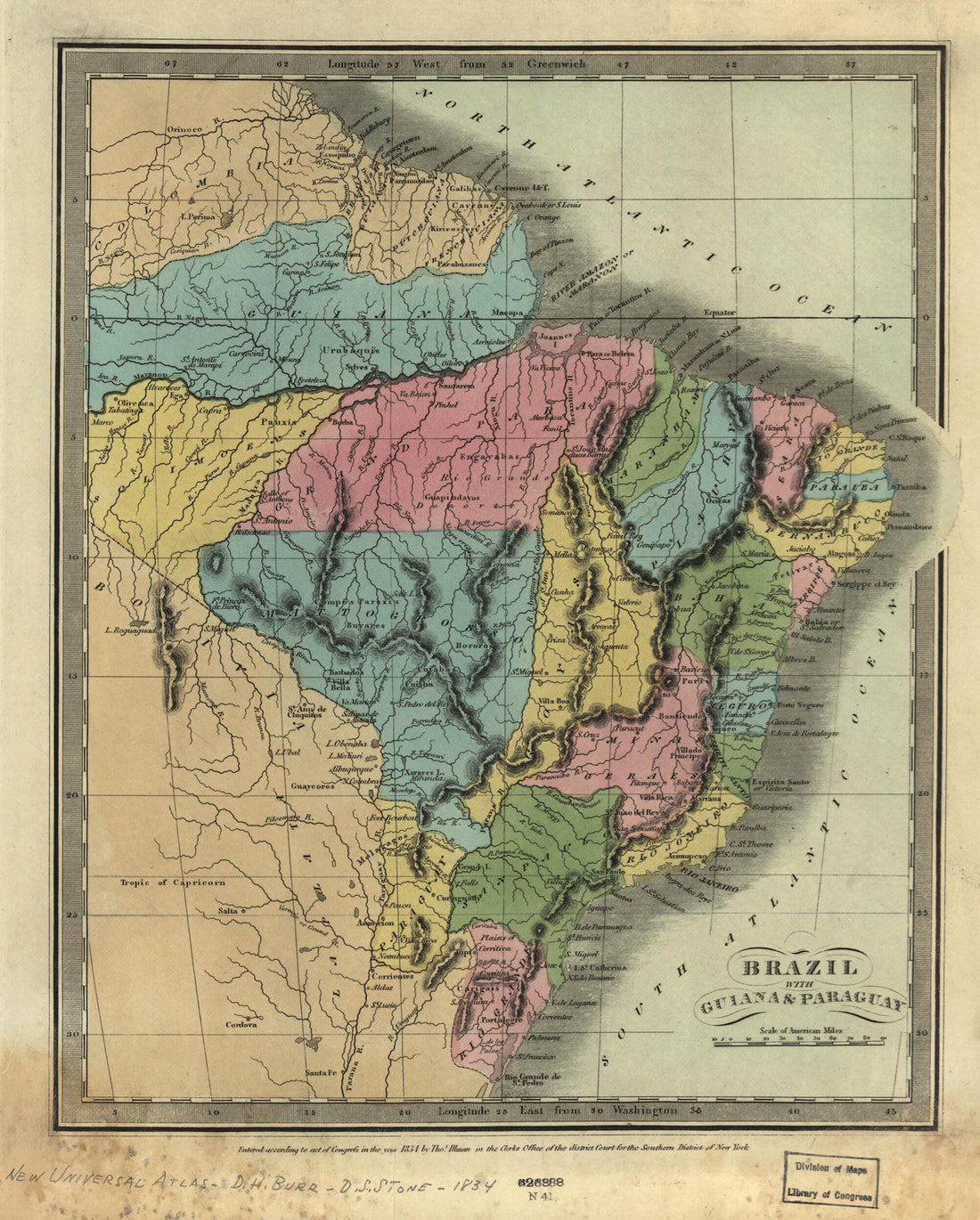 This old map of Brazil With Guiana & Paraguay from 1834 was created by David H. Burr in 1834
