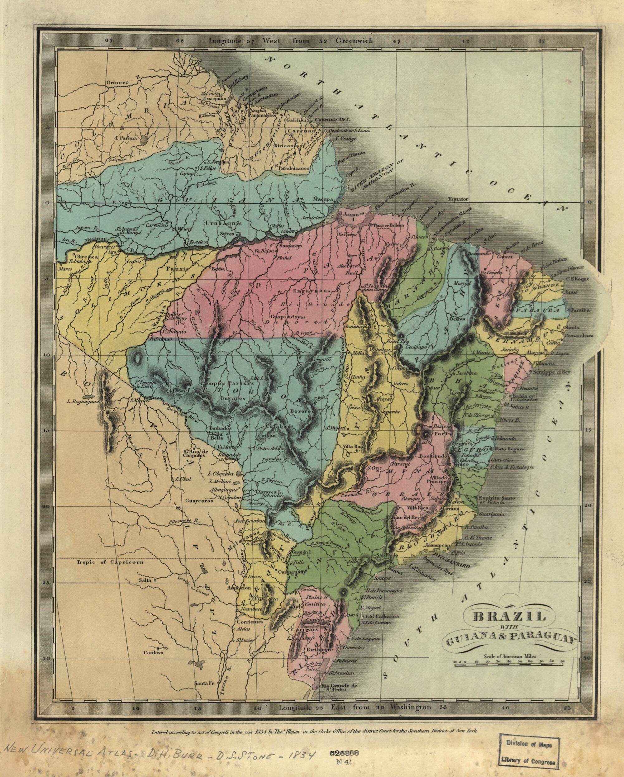 This old map of Brazil With Guiana & Paraguay from 1834 was created by David H. Burr in 1834