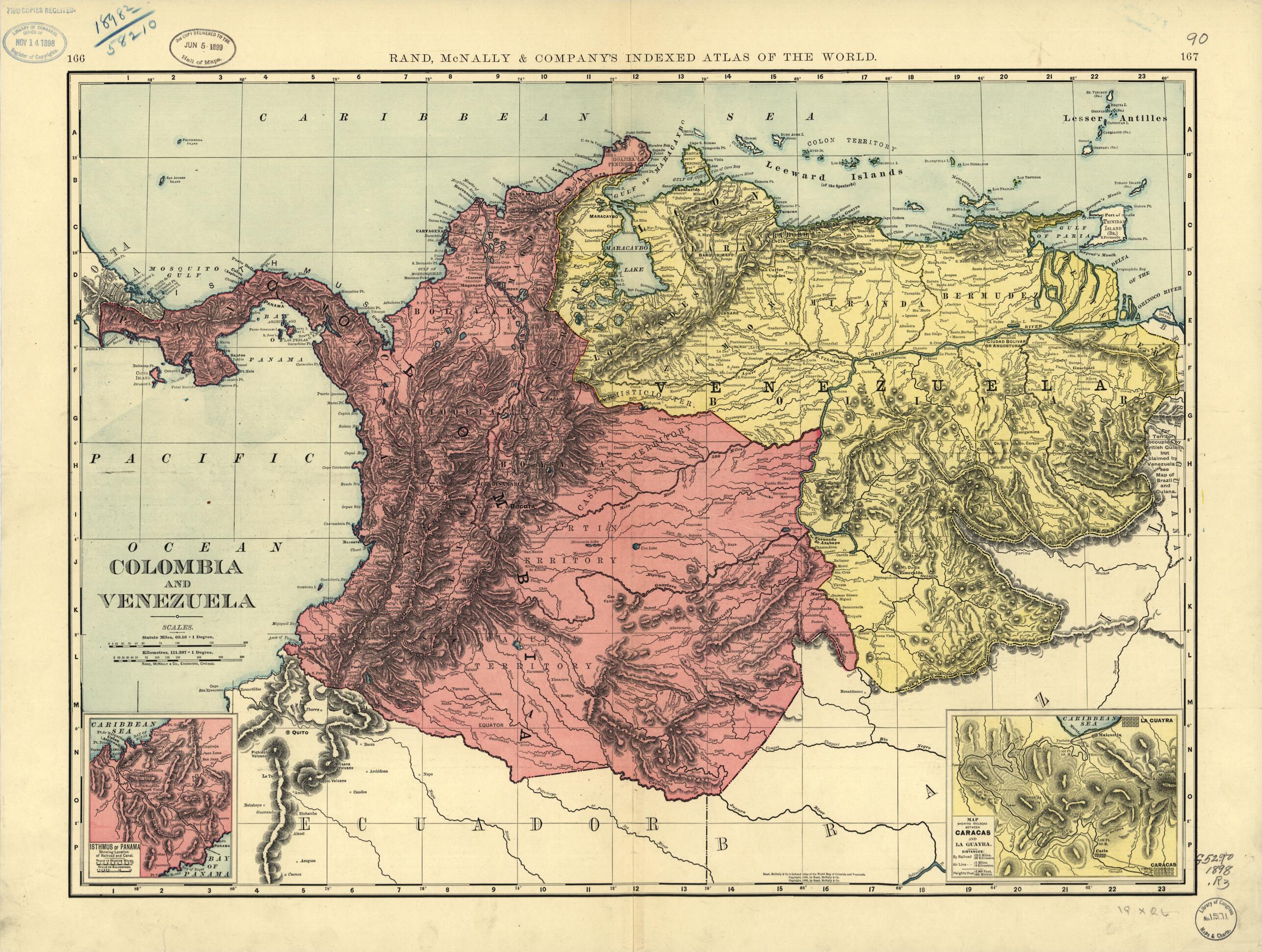 This old map of Colombia and Venezuela from 1898 was created by Rand McNally and Company in 1898