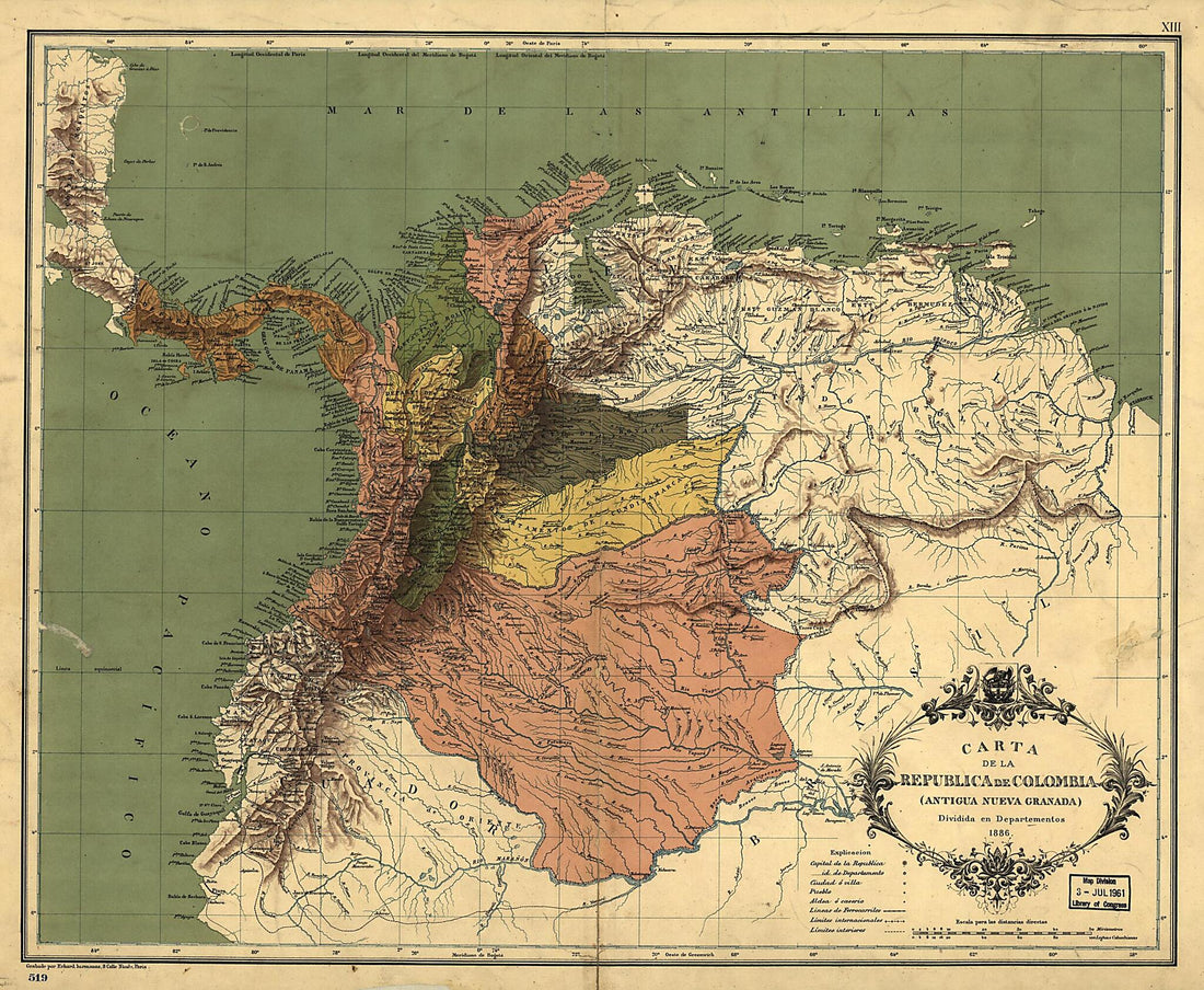 This old map of Carta De La Republica De Colombia from 1886 was created by Erhard Hermanos in 1886