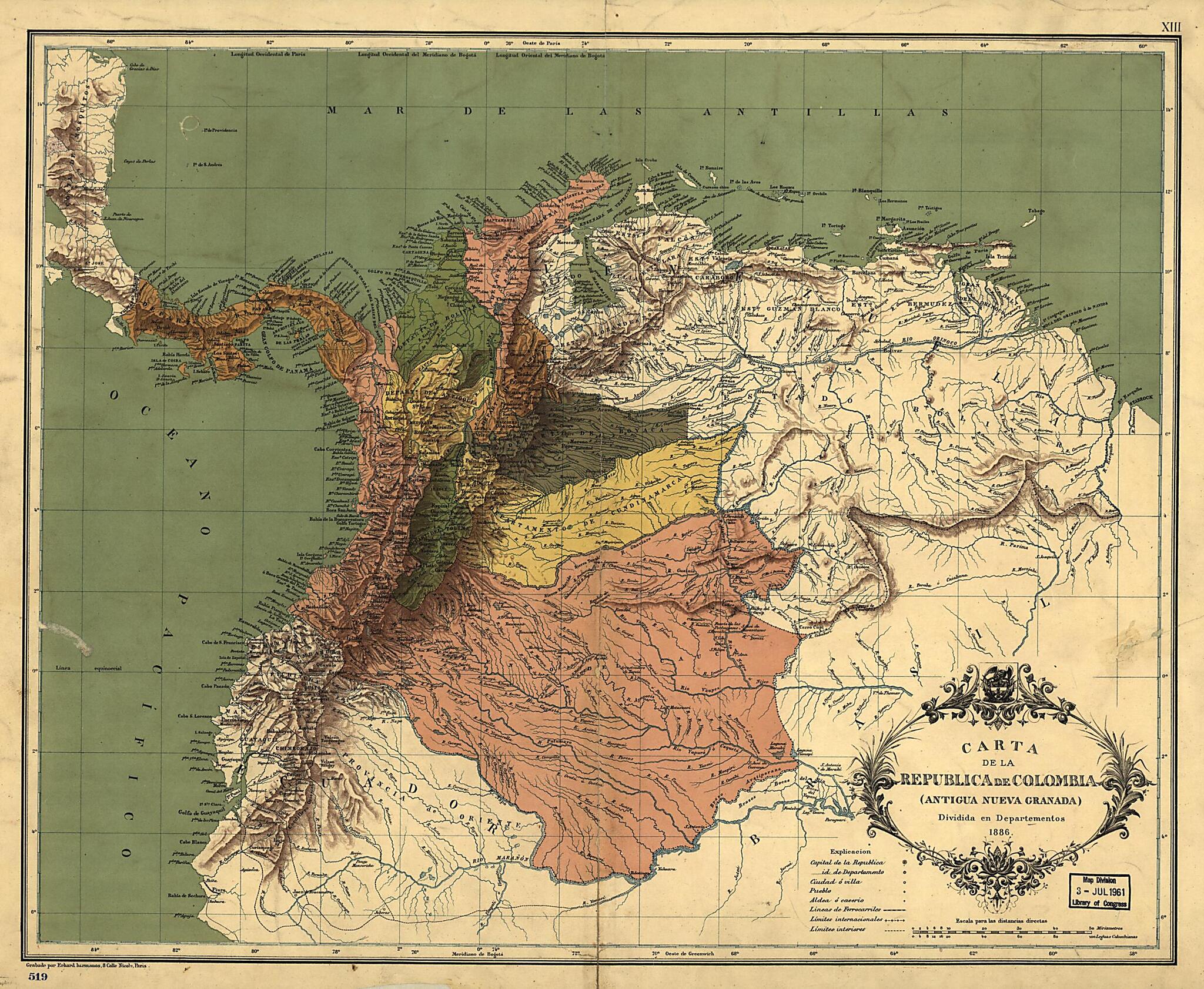 This old map of Carta De La Republica De Colombia from 1886 was created by Erhard Hermanos in 1886
