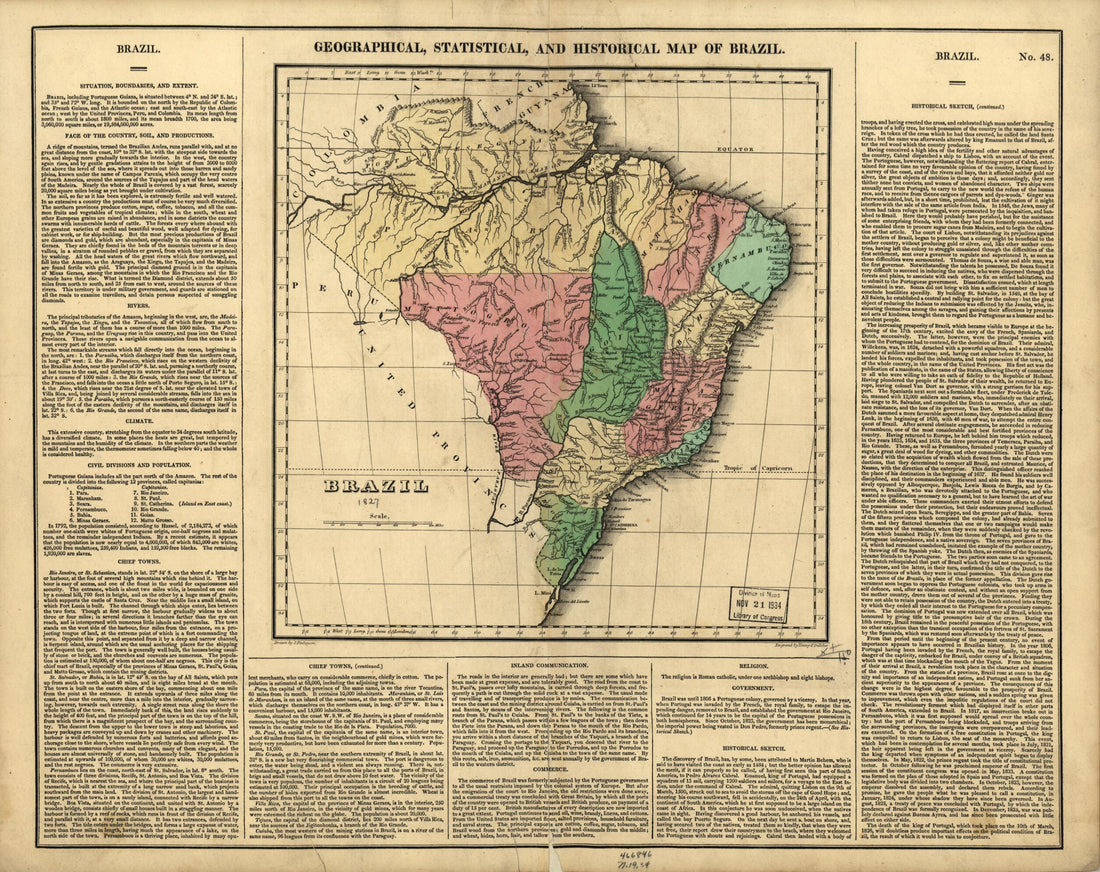 This old map of Geographical, Statistical, and Historical Map of Brazil from 1827 was created by Carey & Lea, James Finlayson, Young & Delleker in 1827