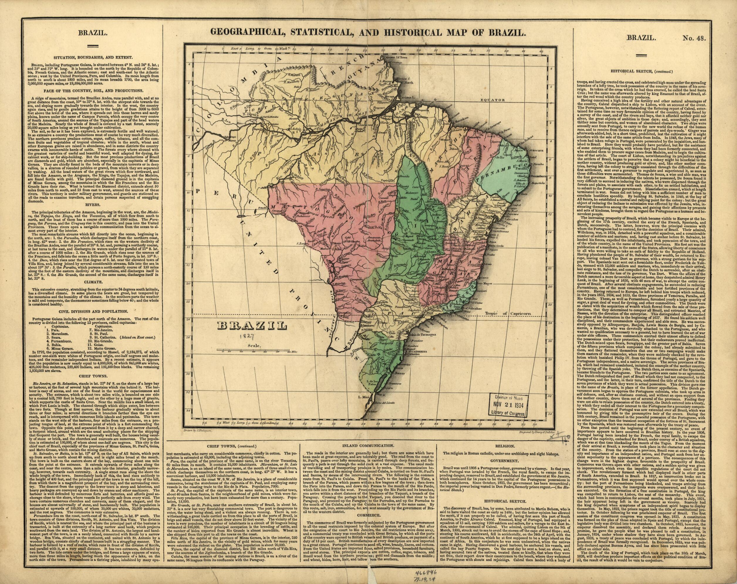 This old map of Geographical, Statistical, and Historical Map of Brazil from 1827 was created by Carey & Lea, James Finlayson, Young & Delleker in 1827
