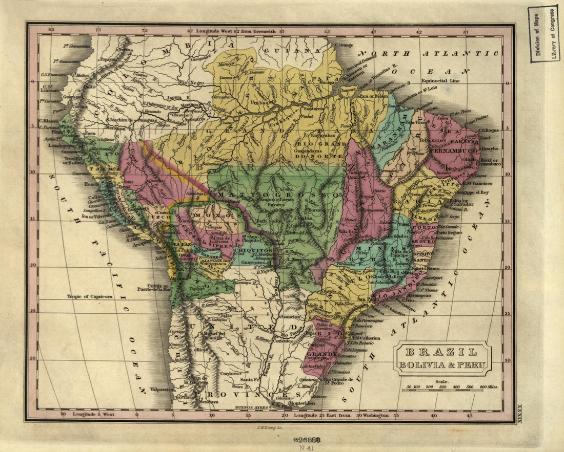 This old map of Brazil, Bolivia & Peru (Brazil, Bolivia and Peru) from 1829 was created by Grigg & Elliot, J. H. (James Hamilton) Young in 1829