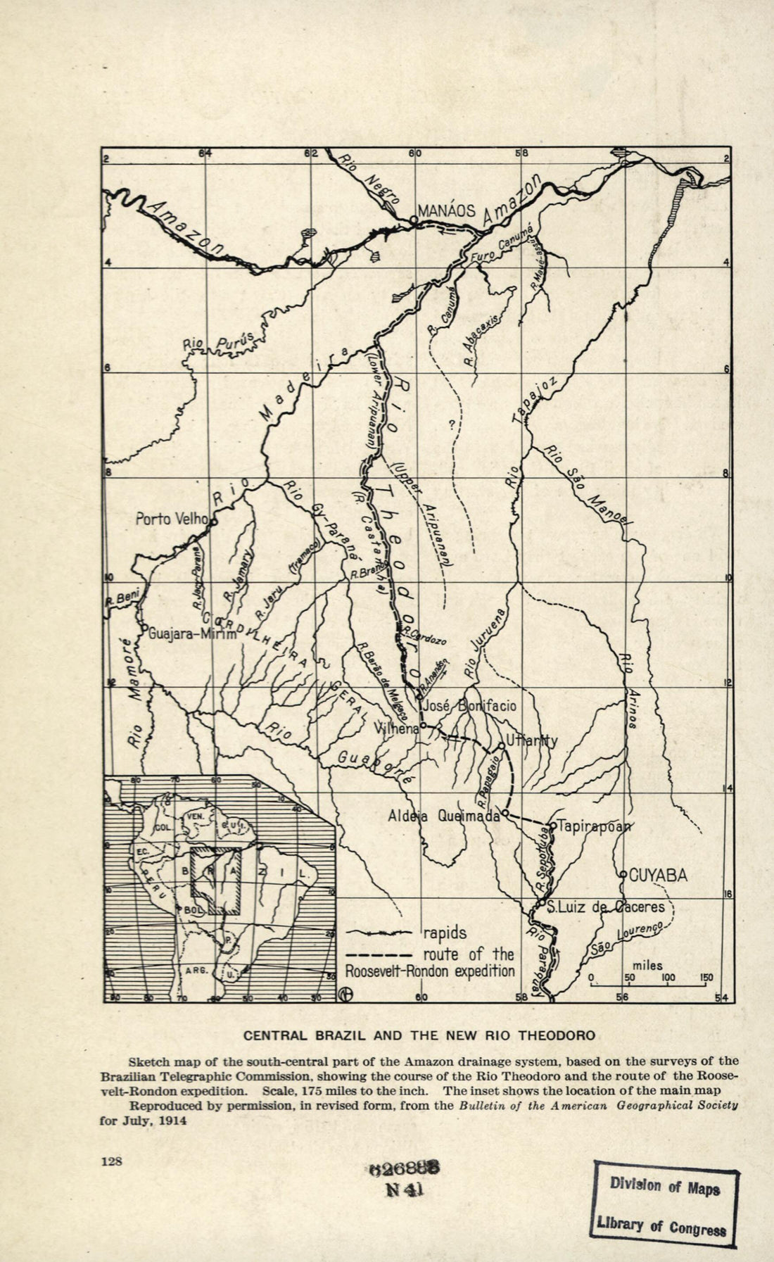 This old map of Central Brazil and the New Rio Theodoro from 1915 was created by in 1915