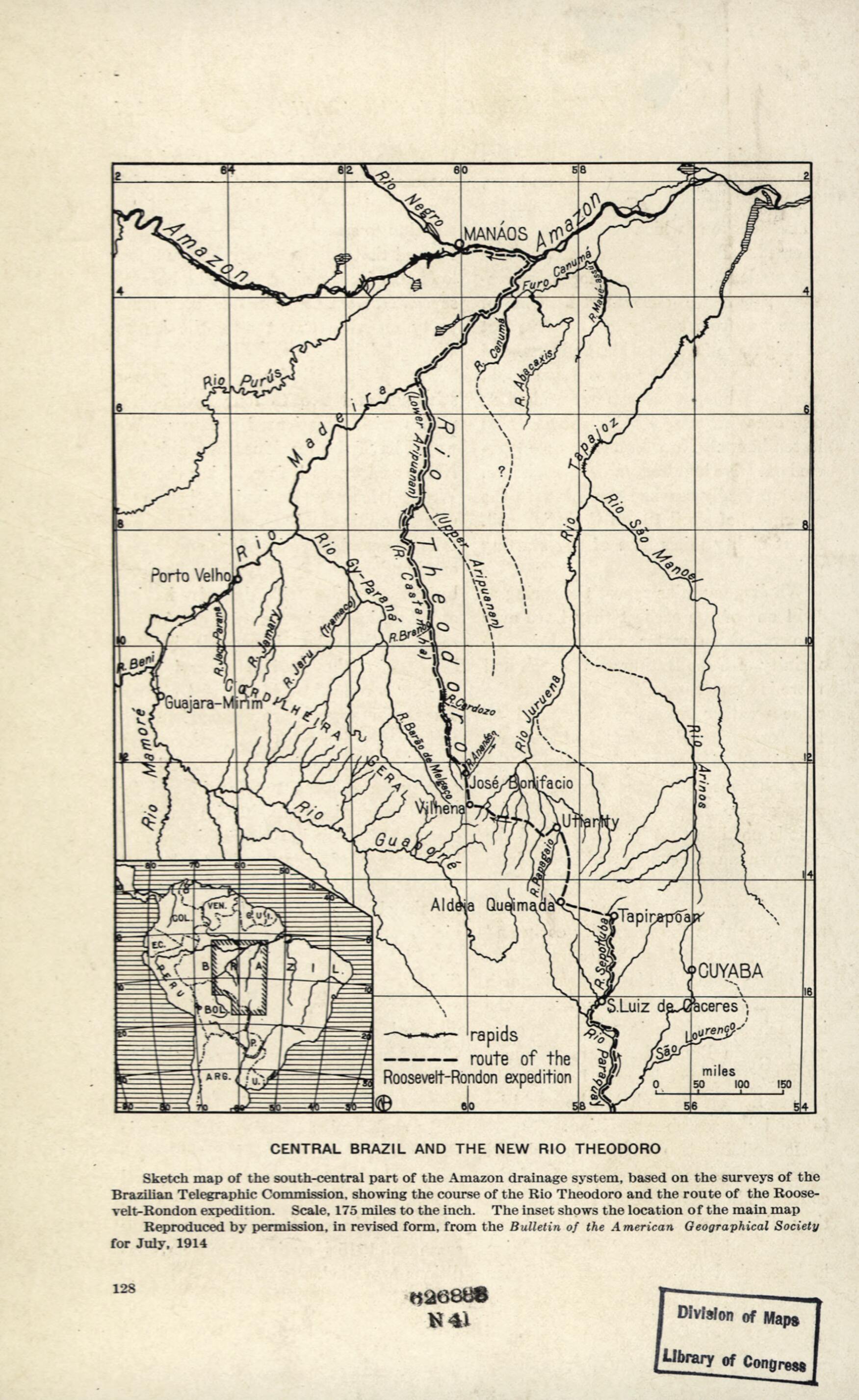 This old map of Central Brazil and the New Rio Theodoro from 1915 was created by in 1915