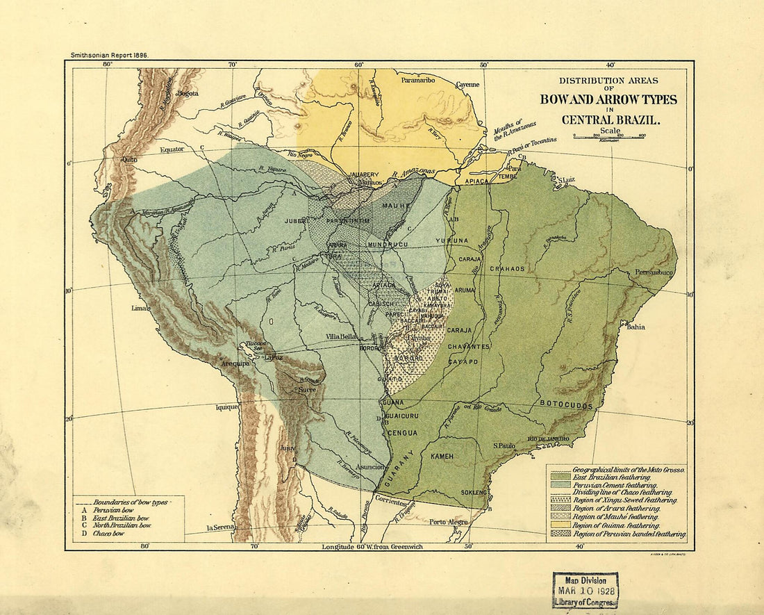 This old map of Distribution Areas for Bow and Arrow Types In Central Brazil from 1896 was created by Smithsonian Institution in 1896