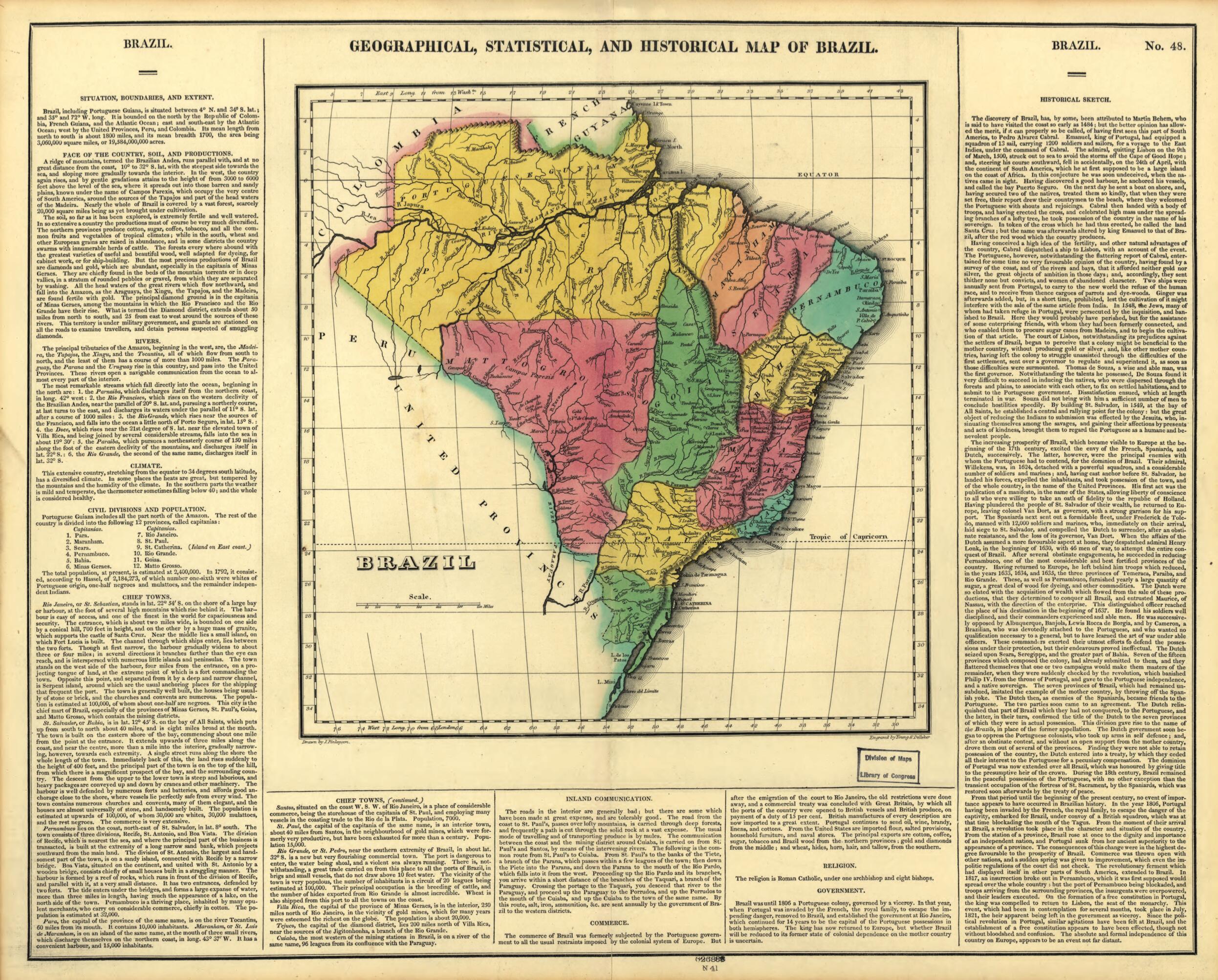 This old map of Geographical, Statistical, and Historical Map of Brazil from 1822 was created by Carey & Lea, James Finlayson, Young & Delleker in 1822