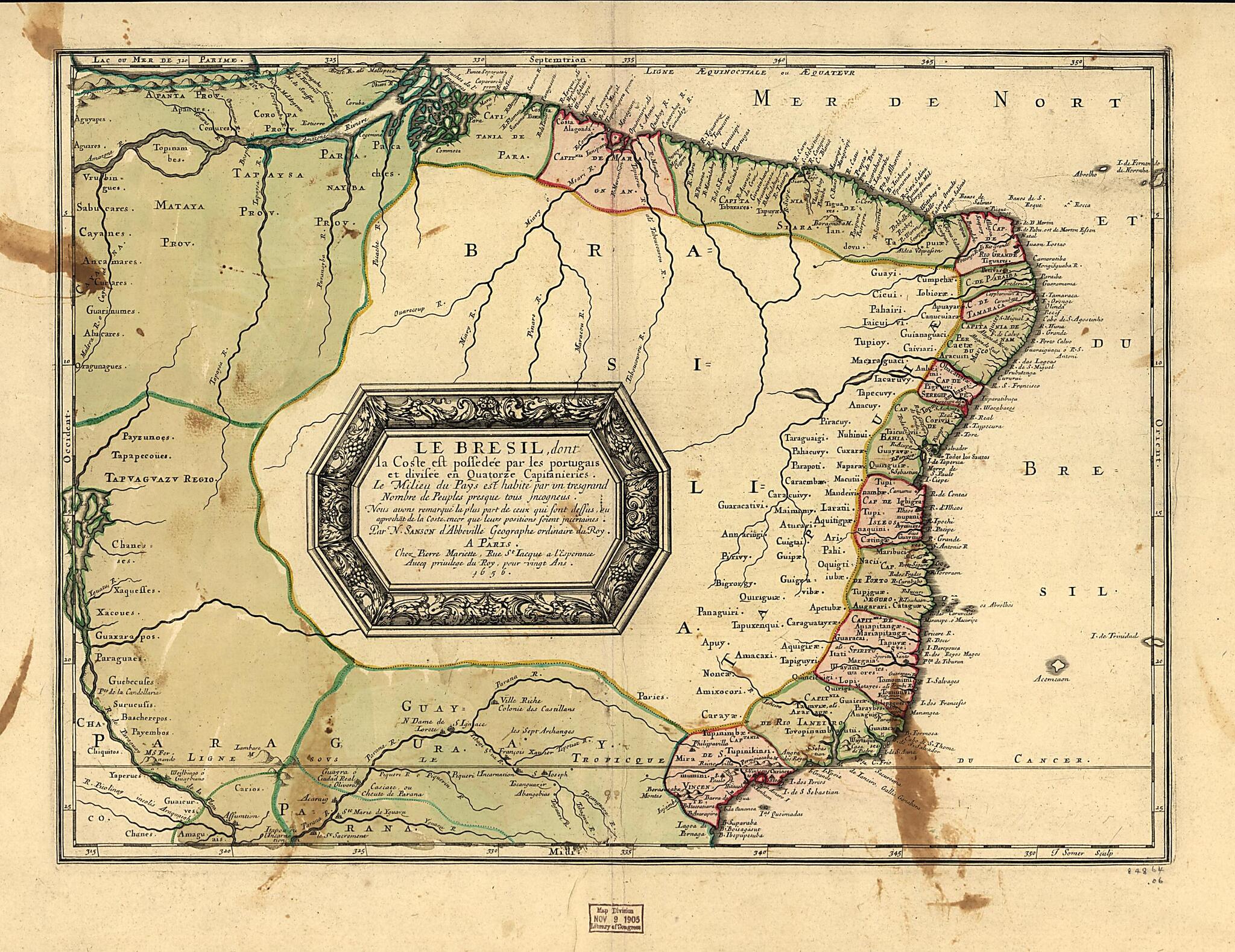 This old map of Le Bresil from 1656 was created by Nicolas Sanson in 1656