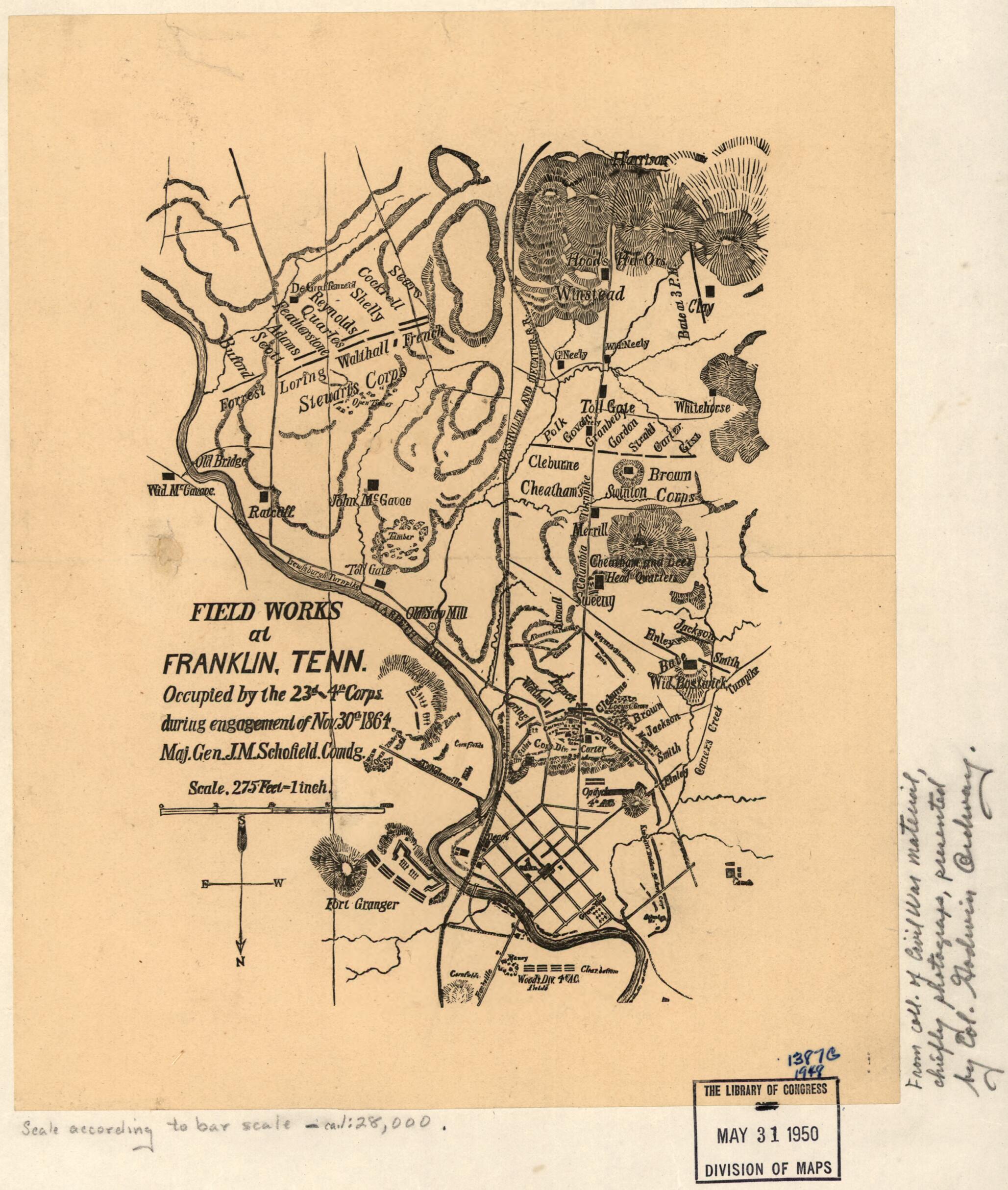 This old map of Field Works at Franklin, Tennessee, Occupied by the 23d and 4th Corps During Engagement of Nov. 30th from 1864, Maj. Gen. J. M. Schofield, Comdg was created by in 1864
