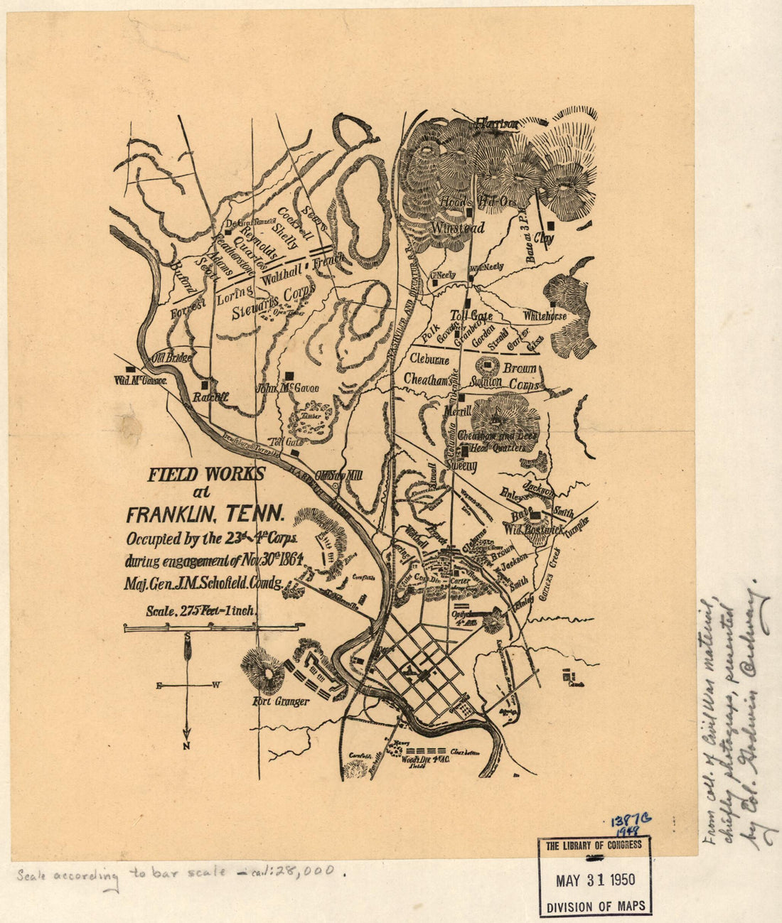 This old map of Field Works at Franklin, Tennessee, Occupied by the 23d and 4th Corps During Engagement of Nov. 30th from 1864, Maj. Gen. J. M. Schofield, Comdg was created by in 1864