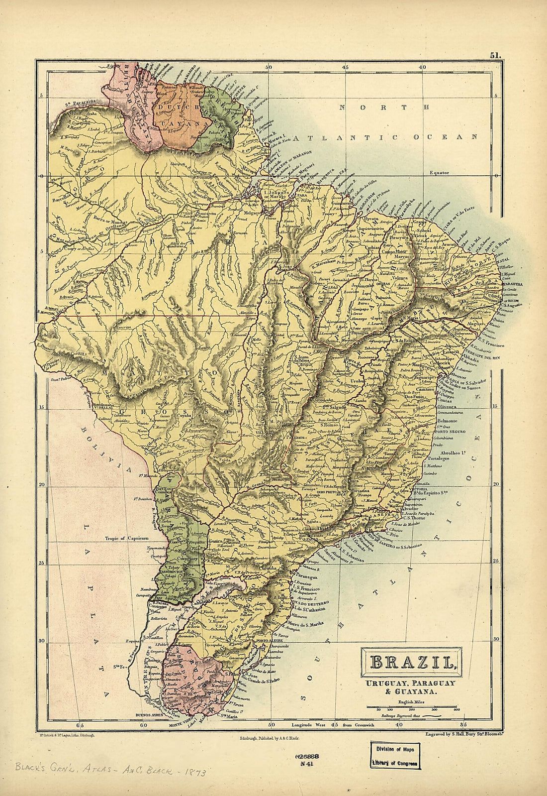 This old map of Brazil, Uruguay, Paraguay & Guayana from 1873 was created by Adam and Charles Black (Firm) in 1873