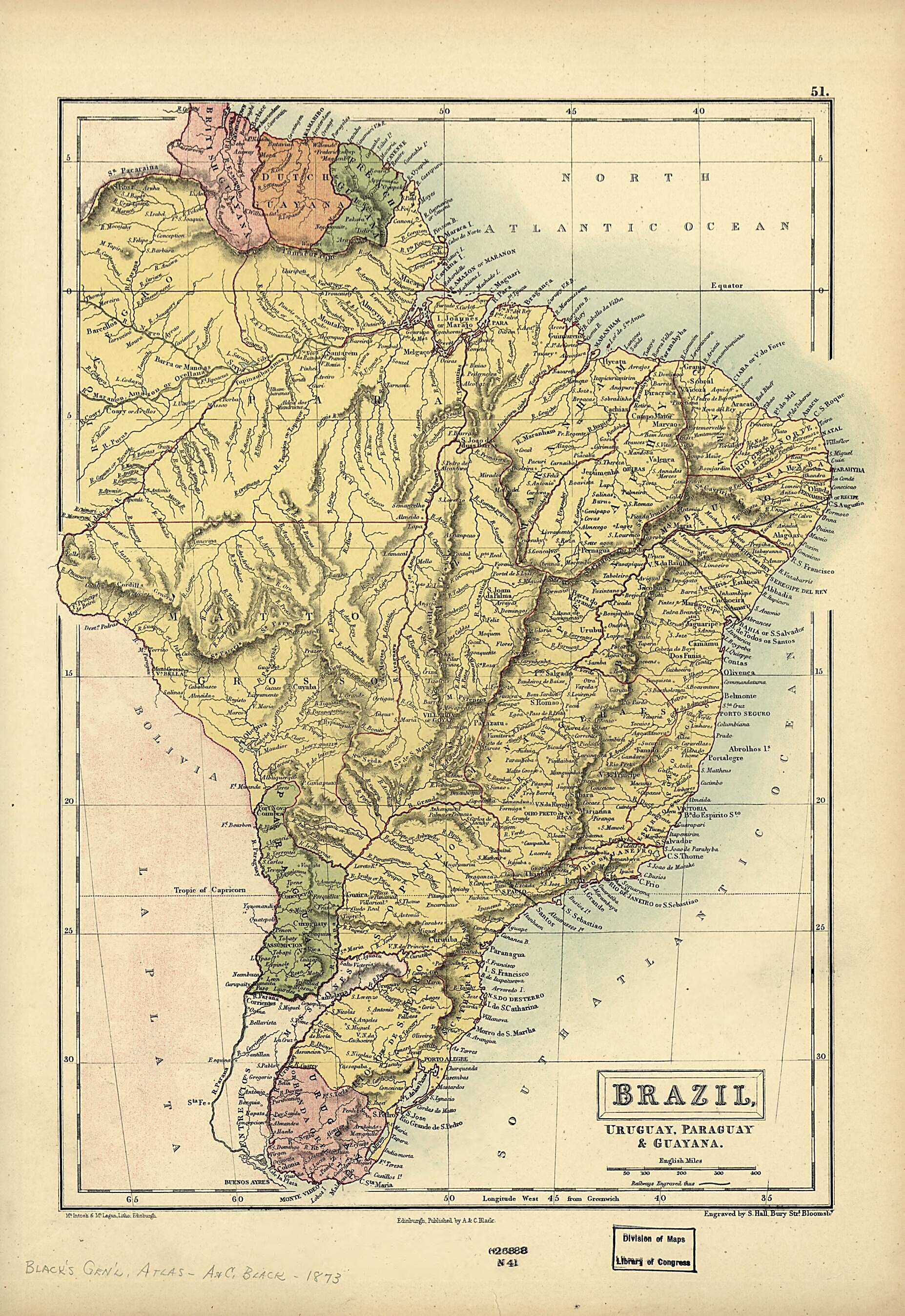 This old map of Brazil, Uruguay, Paraguay & Guayana from 1873 was created by Adam and Charles Black (Firm) in 1873