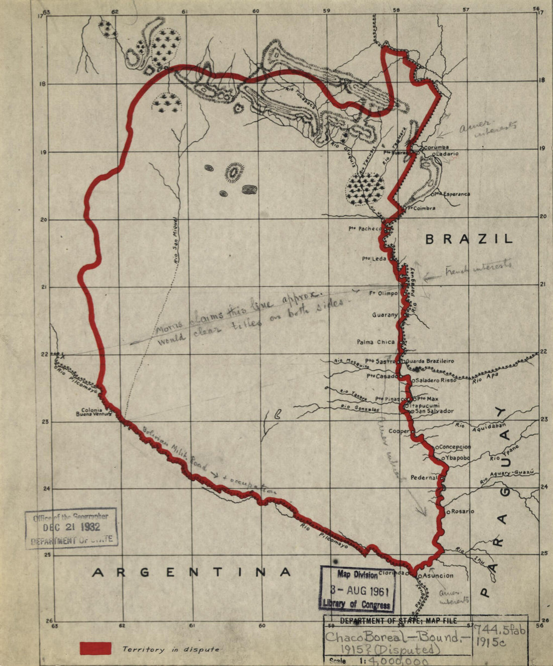 This old map of Brazil and Bolivia Boundary from 1915 was created by in 1915