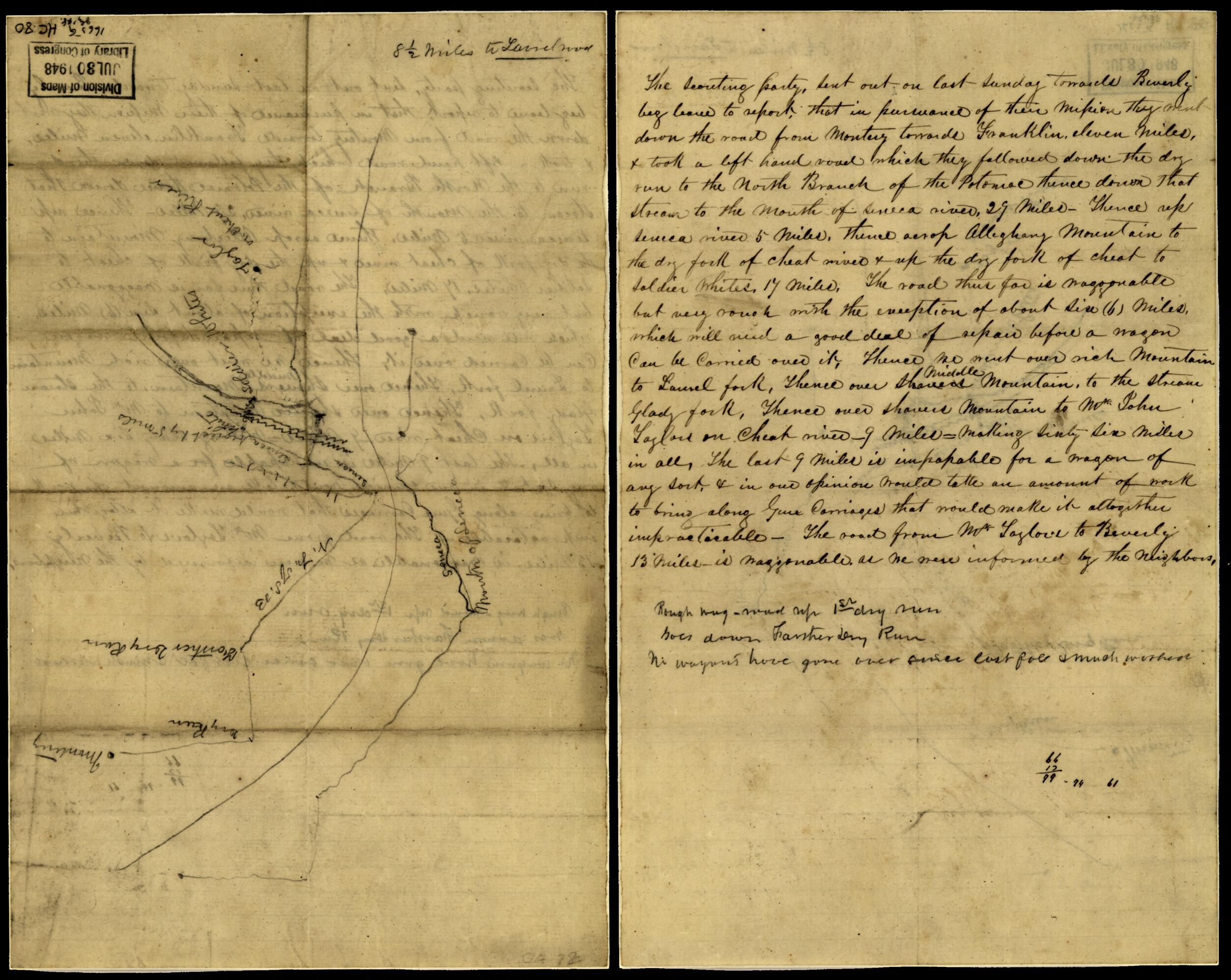 This old map of Pencil Sketch of the Route of Scouting Party from Monterey, Highland County, Va. Toward Beverly, Randolph County, W. Va. from 1861 was created by in 1861
