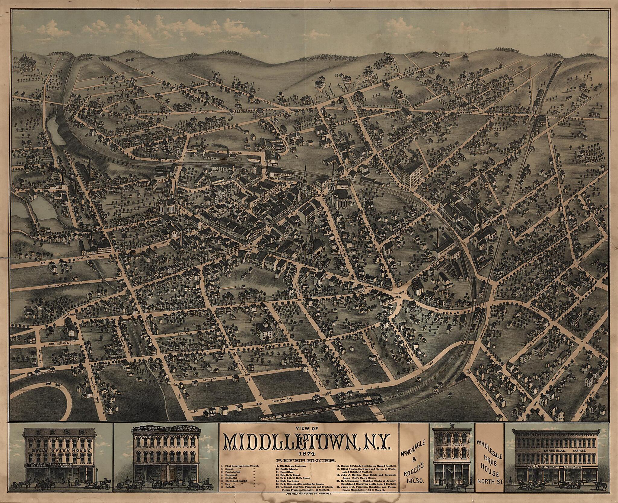 This old map of View of Middletown, New York : from 1874 was created by American Oleograph Co in 1874