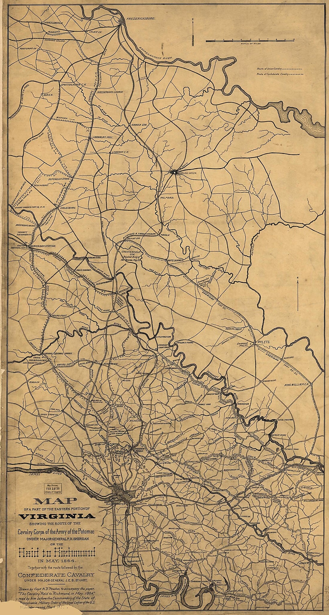 This old map of Map of a Part of the Eastern Portion of Virginia Showing the Route of the Cavalry Corps of the Army of the Potomac Under Major General P.H. Sheridan On the Raid to Richmond In May from 1864 : Together With the Route Followed by the Confed