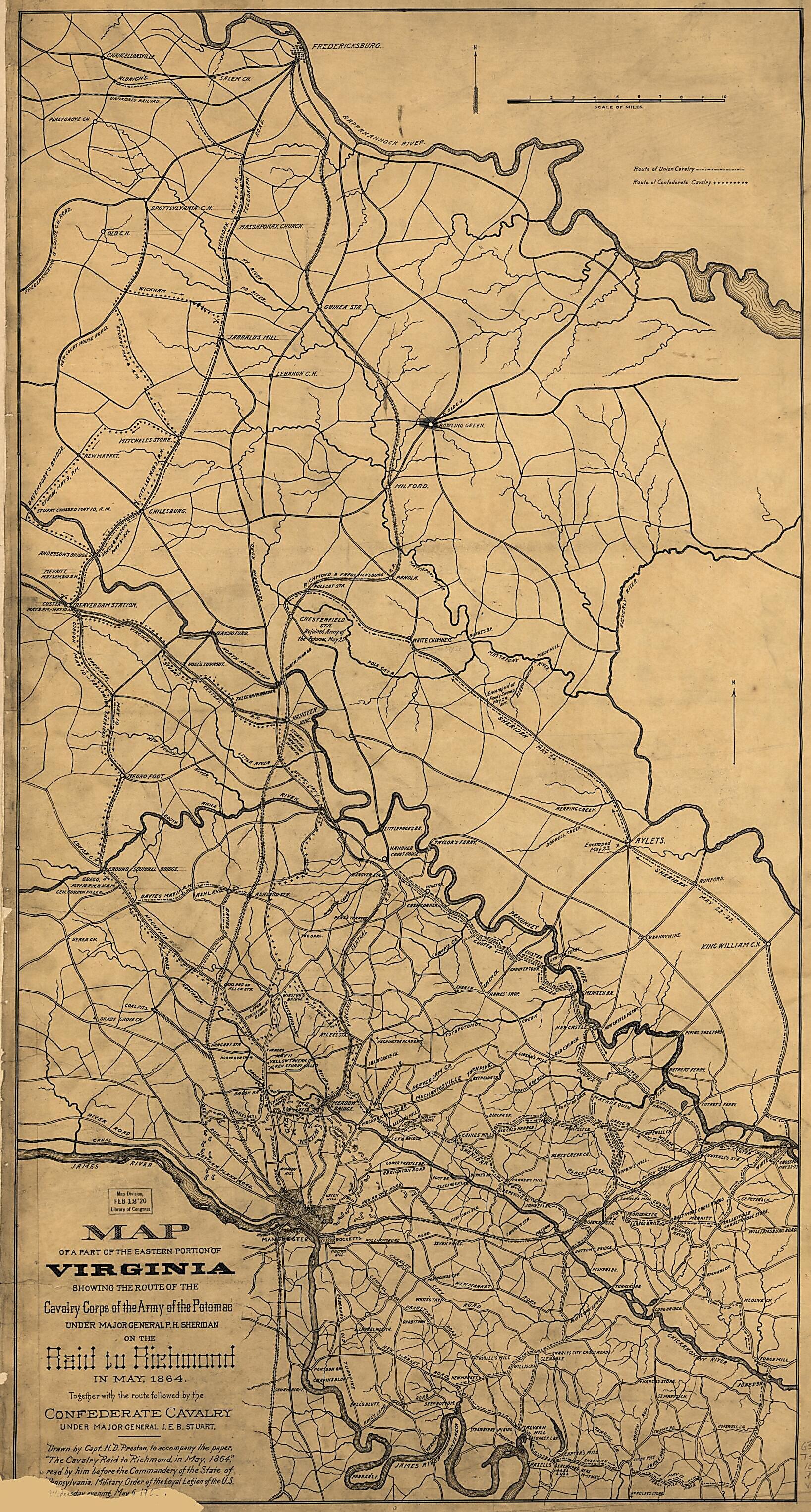 This old map of Map of a Part of the Eastern Portion of Virginia Showing the Route of the Cavalry Corps of the Army of the Potomac Under Major General P.H. Sheridan On the Raid to Richmond In May from 1864 : Together With the Route Followed by the Confed