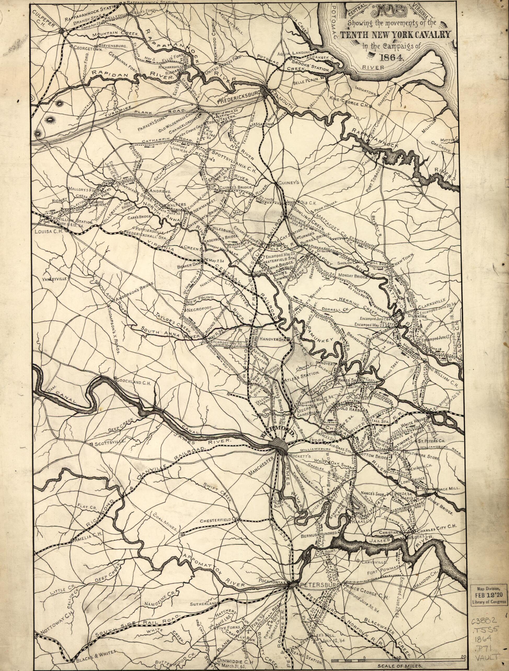 This old map of Map of Central Virginia Showing the Movements of the Tenth New York Cavalry In the Campaigs sic of from 1864. (Map Central Virginia Showing the Movements of the Tenth New York Cavalry In the Campaigs of from 1864) was created by Noble D.