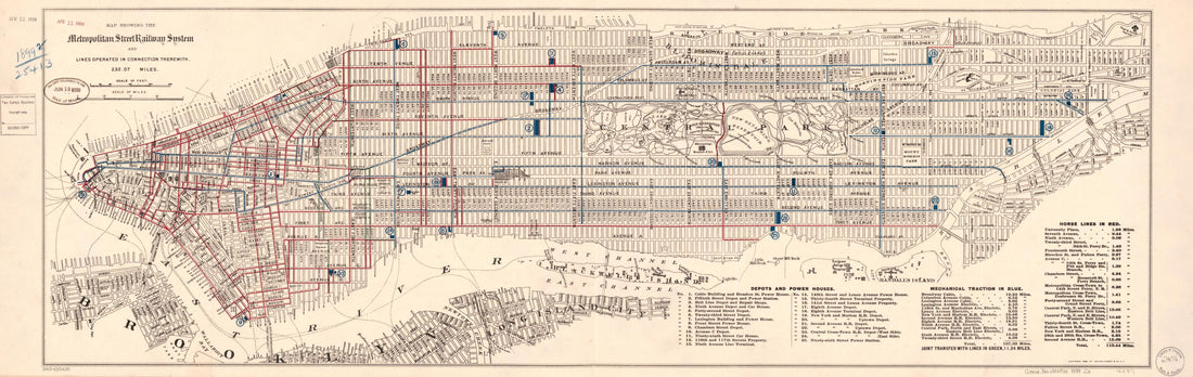 This old map of Map Showing the Metropolitan Street Railway System and Lines Operated In Connection Therewith : 232.07 Miles : borough of Manhattan, New York City from 1899 was created by Ohman & Co Colton, Metropolitan Street Railway Company in 1899