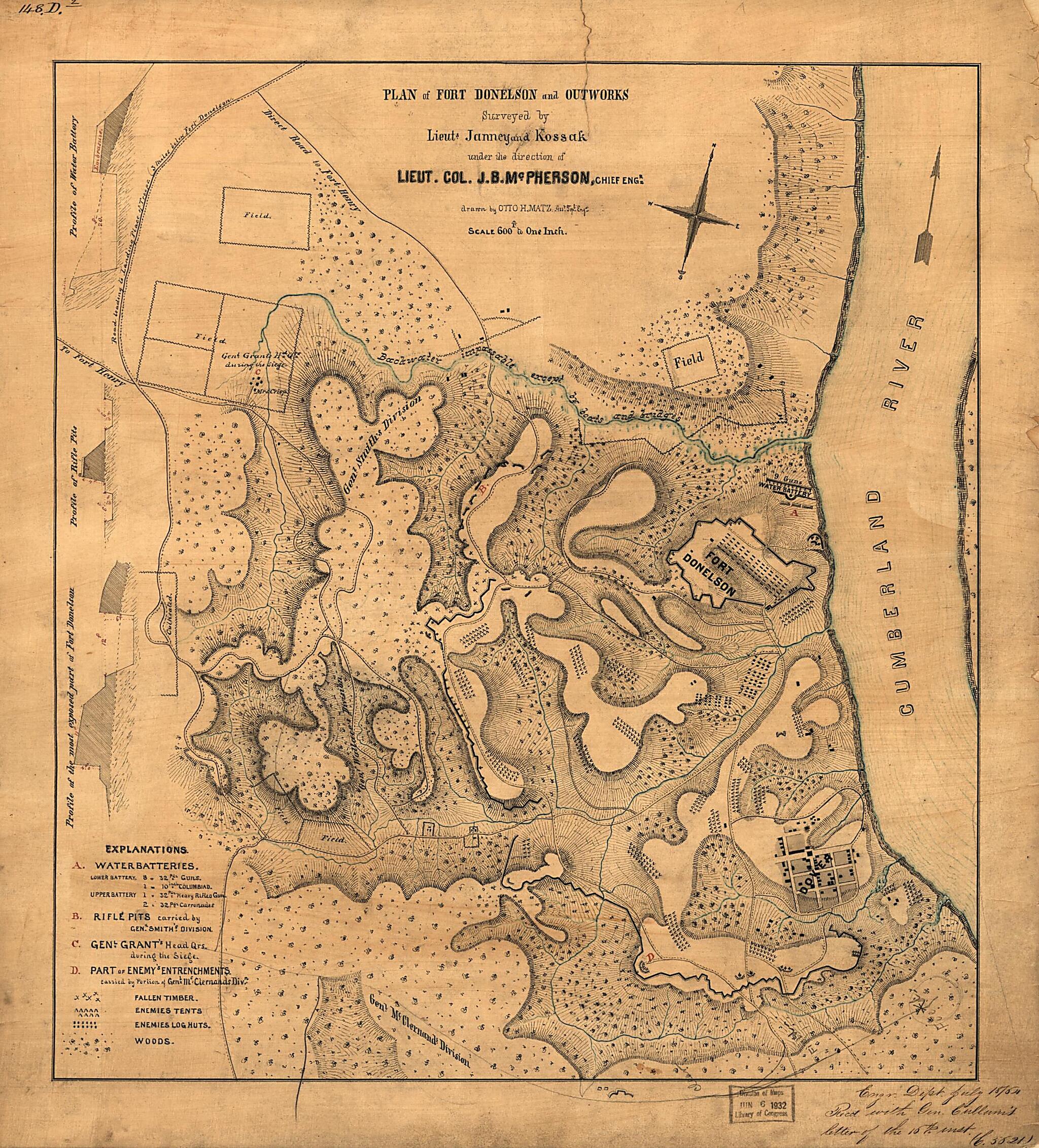 This old map of Plan of Fort Donelson and Outworks : Tennessee from 1862 was created by Janney, William Kossak, Otto H. Matz, James Birdseye McPherson, United States. War Department. Corps of Engineers in 1862