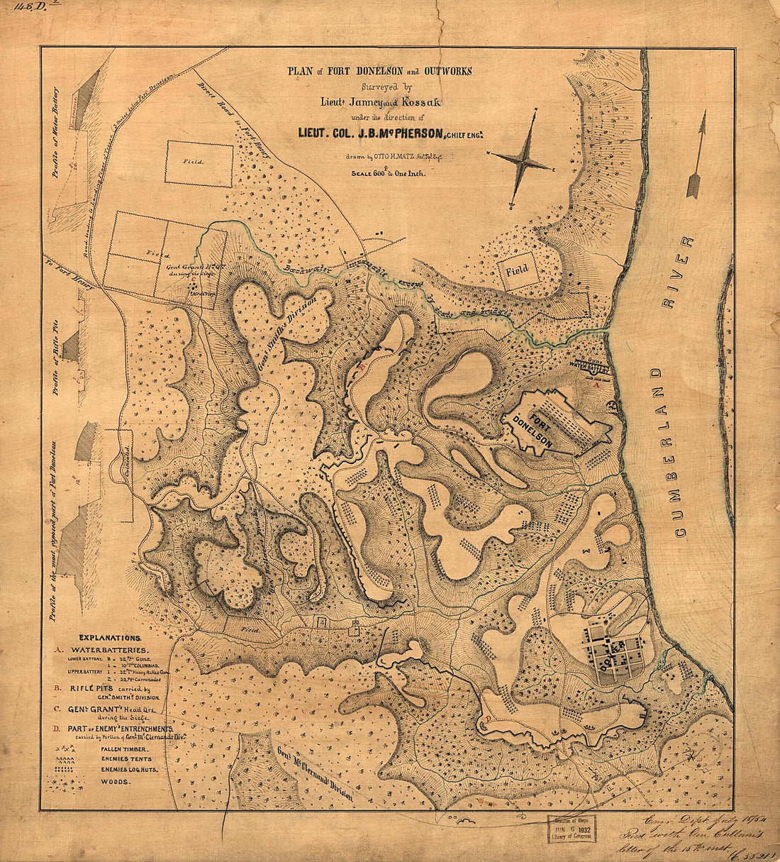 This old map of Plan of Fort Donelson and Outworks : Tennessee from 1862 was created by Janney, William Kossak, Otto H. Matz, James Birdseye McPherson, United States. War Department. Corps of Engineers in 1862