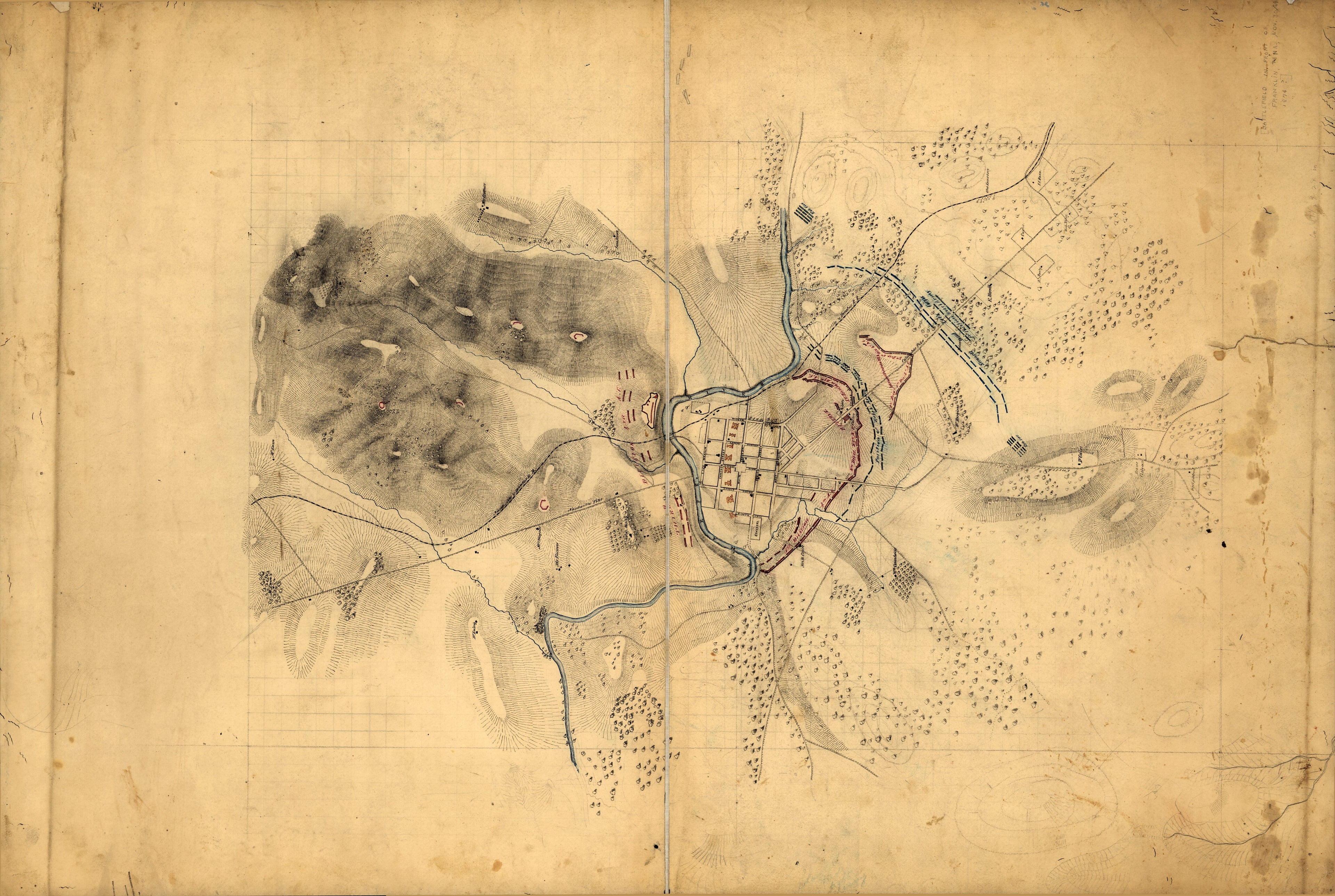 This old map of Battlefield In Front of Franklin, Tennessee, November 30th, from 1864 was created by W. E. (William Emery) Merrill in 1864
