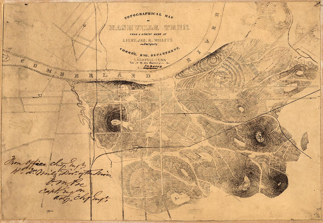 This old map of Topographical Map of Nashville, Tennessee from 1860 was created by O. M. (Orlando Metcalfe) Poe, United States. Army. Military Division of the Mississippi. Chief Engrs. Office, James R. (James Rowland) Willett in 1860