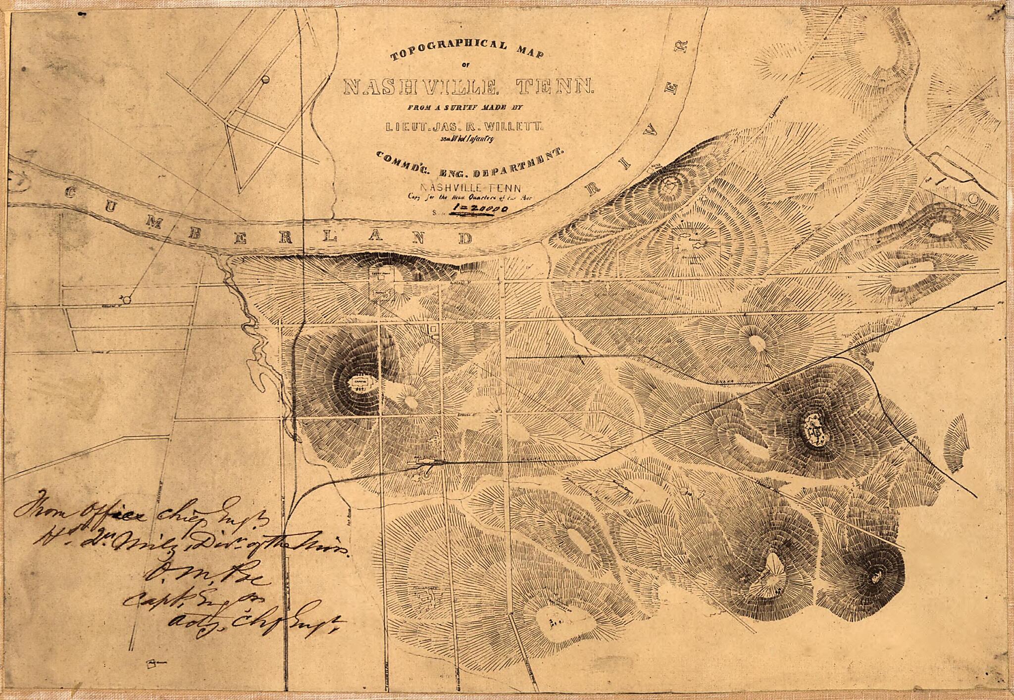 This old map of Topographical Map of Nashville, Tennessee from 1860 was created by O. M. (Orlando Metcalfe) Poe, United States. Army. Military Division of the Mississippi. Chief Engrs. Office, James R. (James Rowland) Willett in 1860