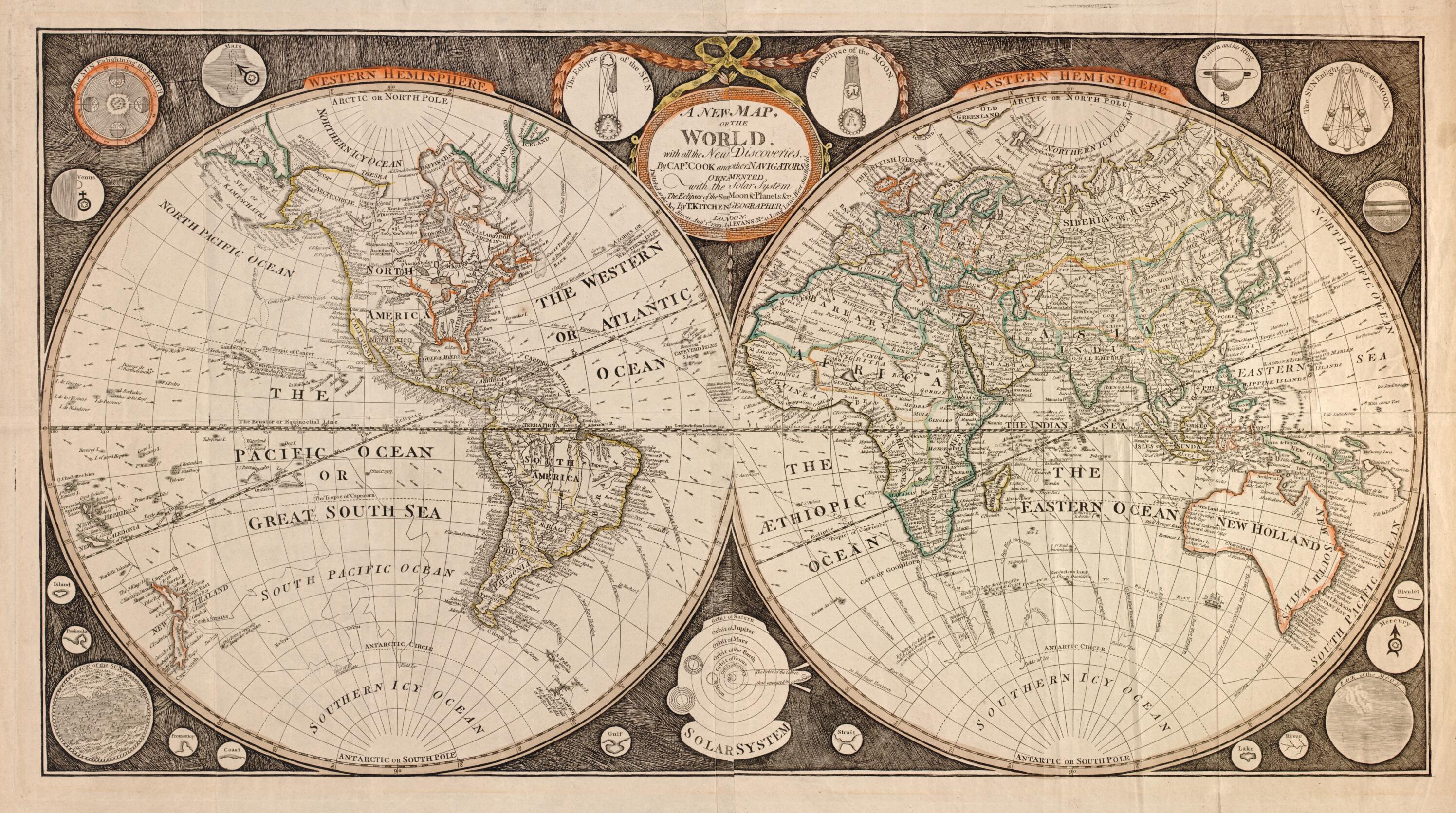 This old map of A New Map of the World : With All the New Discoveries by Capt. Cook and Other Navigators : Ornamented With the Solar System, the Eclipses of the Sun, Moon & Planets &c from 1799 was created by John Evans, T. (Thomas) Kitchen in 1799