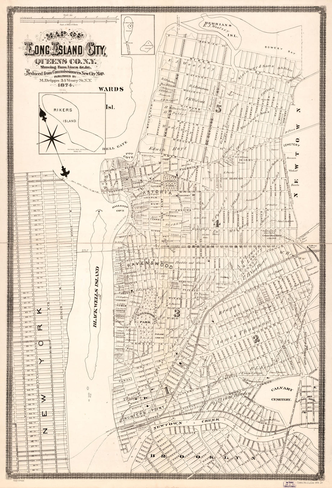 This old map of Map of Long Island City, Queens Co. New York : Showing Farm Lines &c. &c. : Reduced from Commissioners New City Map from 1874 was created by M. (Matthew) Dripps in 1874