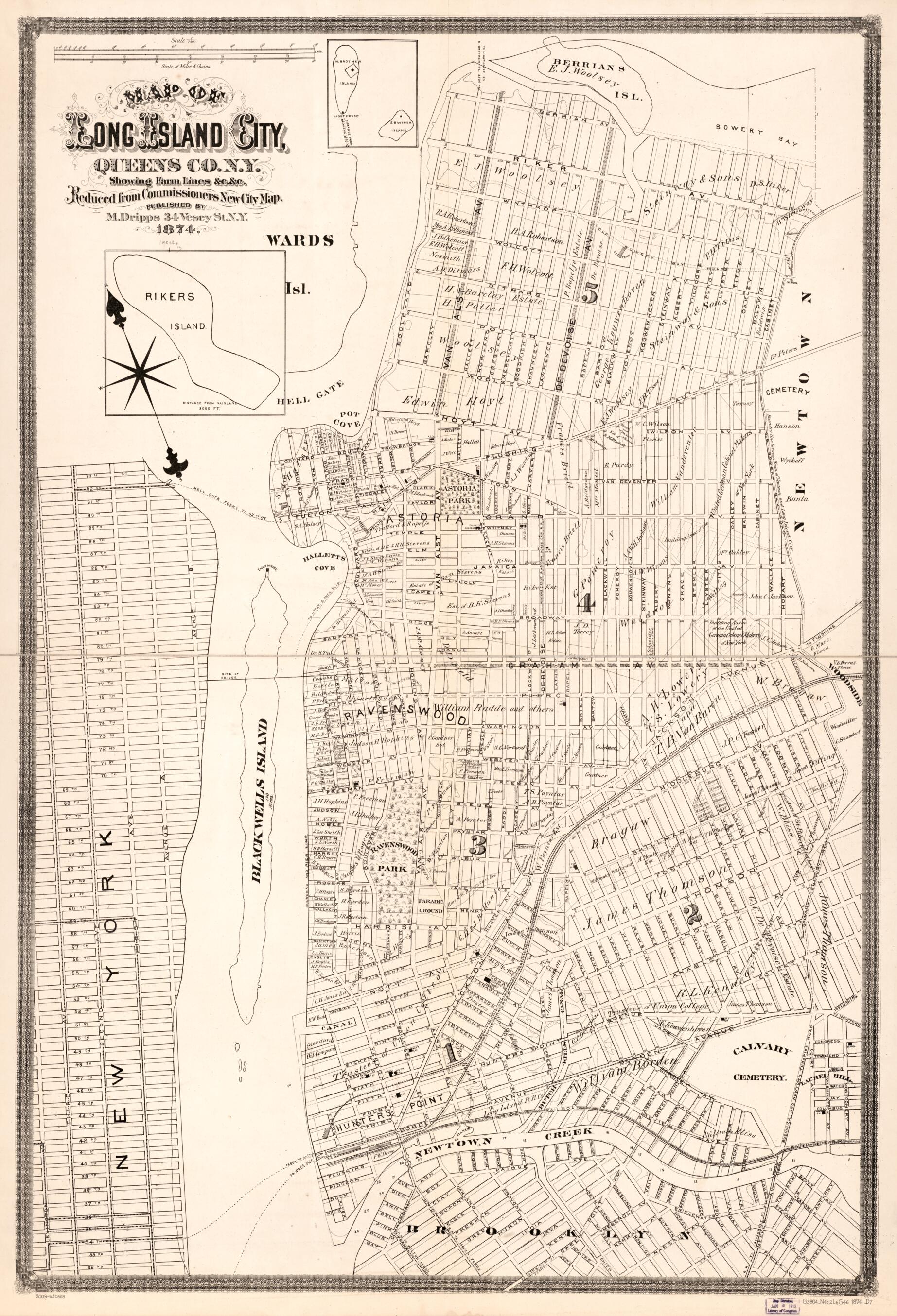 This old map of Map of Long Island City, Queens Co. New York : Showing Farm Lines &c. &c. : Reduced from Commissioners New City Map from 1874 was created by M. (Matthew) Dripps in 1874