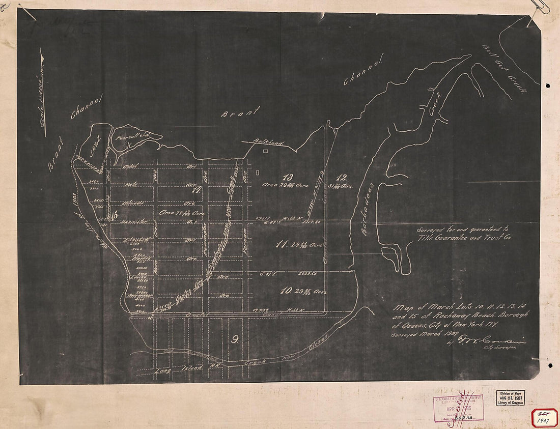 This old map of Map of Marsh Lots 10, 11, 12, 13, 14, and 15 at Rockaway Beach, Borough of Queens, City of New York, New York from 1907 was created by New York (N.Y.). City Surveyor in 1907