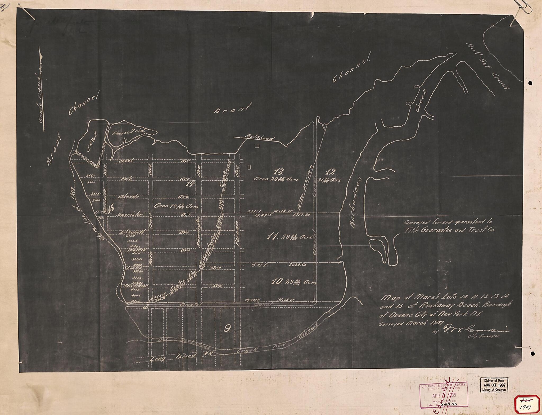 This old map of Map of Marsh Lots 10, 11, 12, 13, 14, and 15 at Rockaway Beach, Borough of Queens, City of New York, New York from 1907 was created by New York (N.Y.). City Surveyor in 1907