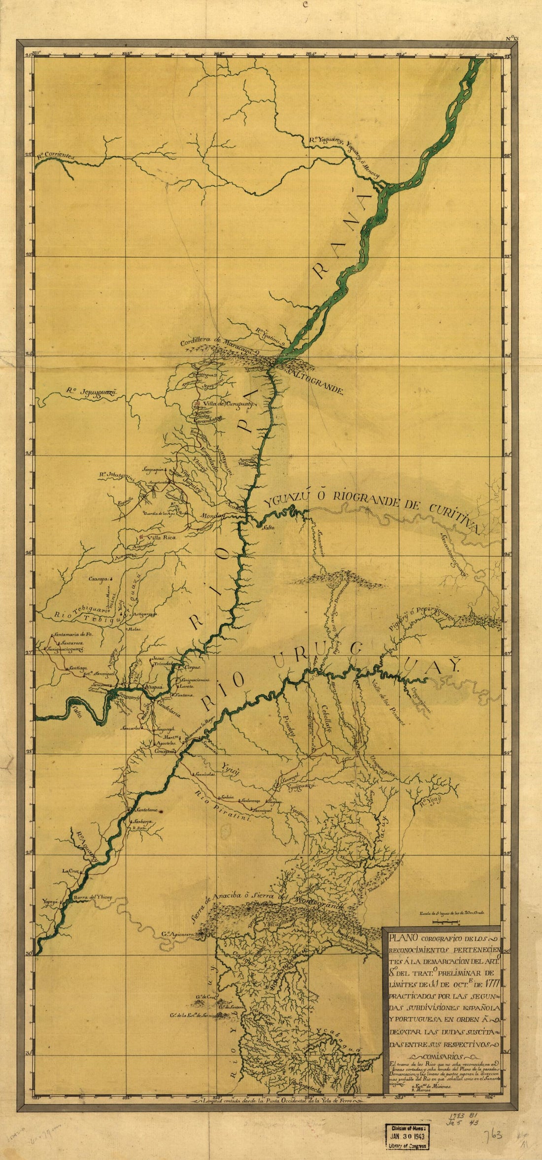This old map of Plano Corografico De Los Reconocimientos Pertenecientes a La Demarcacion Del Art. 8o. Del Trato. Preliminar De Limites De 11 De Octe. De 1777 Practicados Por Las Segundas Subdivisiones Española Y Portuguesa En Orden a Desatar Los Dudas S