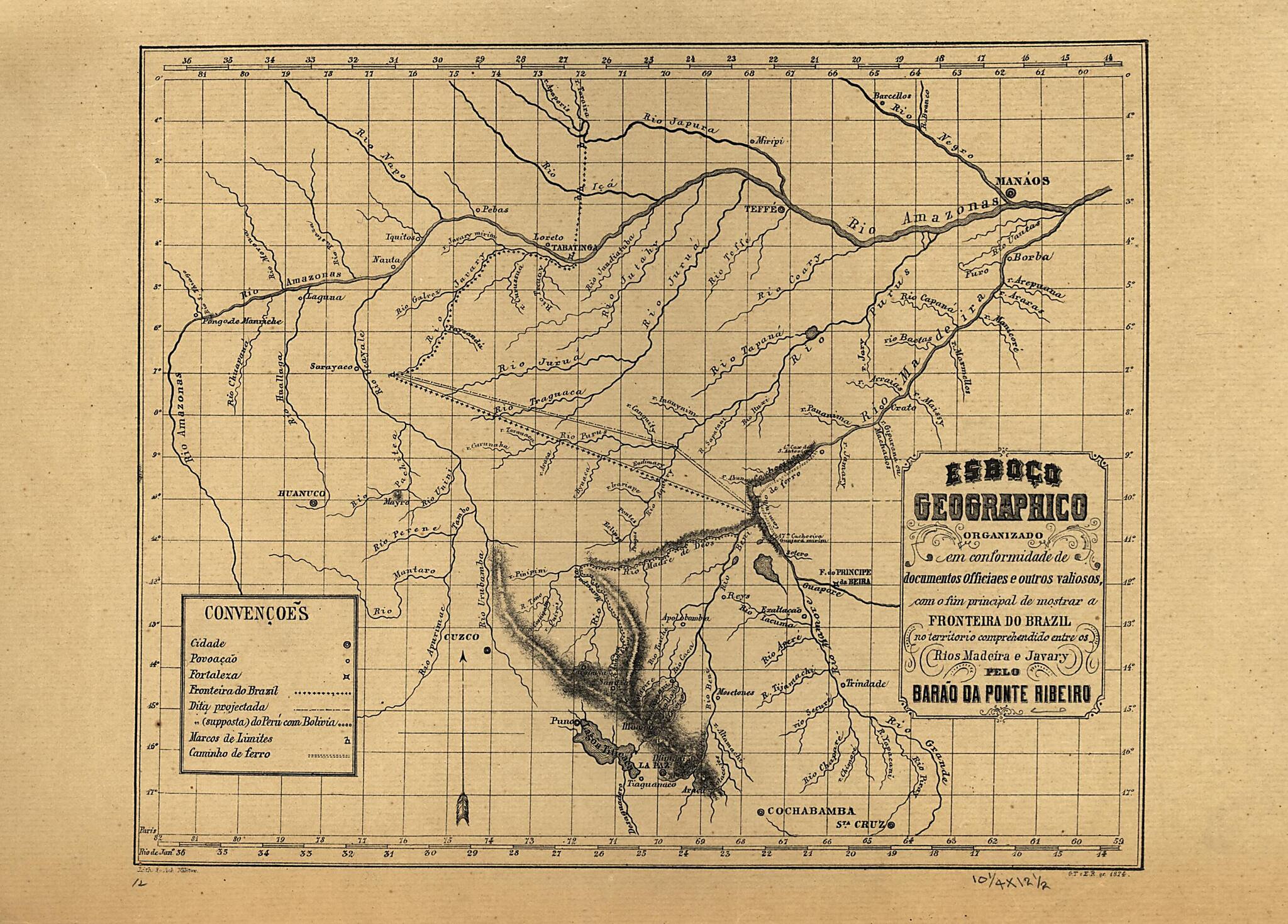 This old map of Esboço Geographico Organizado Em Conformidade De Documentos Officiaes E Outros Valiosos Com O Fim Principal De Mostrar a Fronteira Do Brazil, No Territorio Comprehendido Entre Os Rios Madeira E Javary from 1874 was created by Duarte Da P