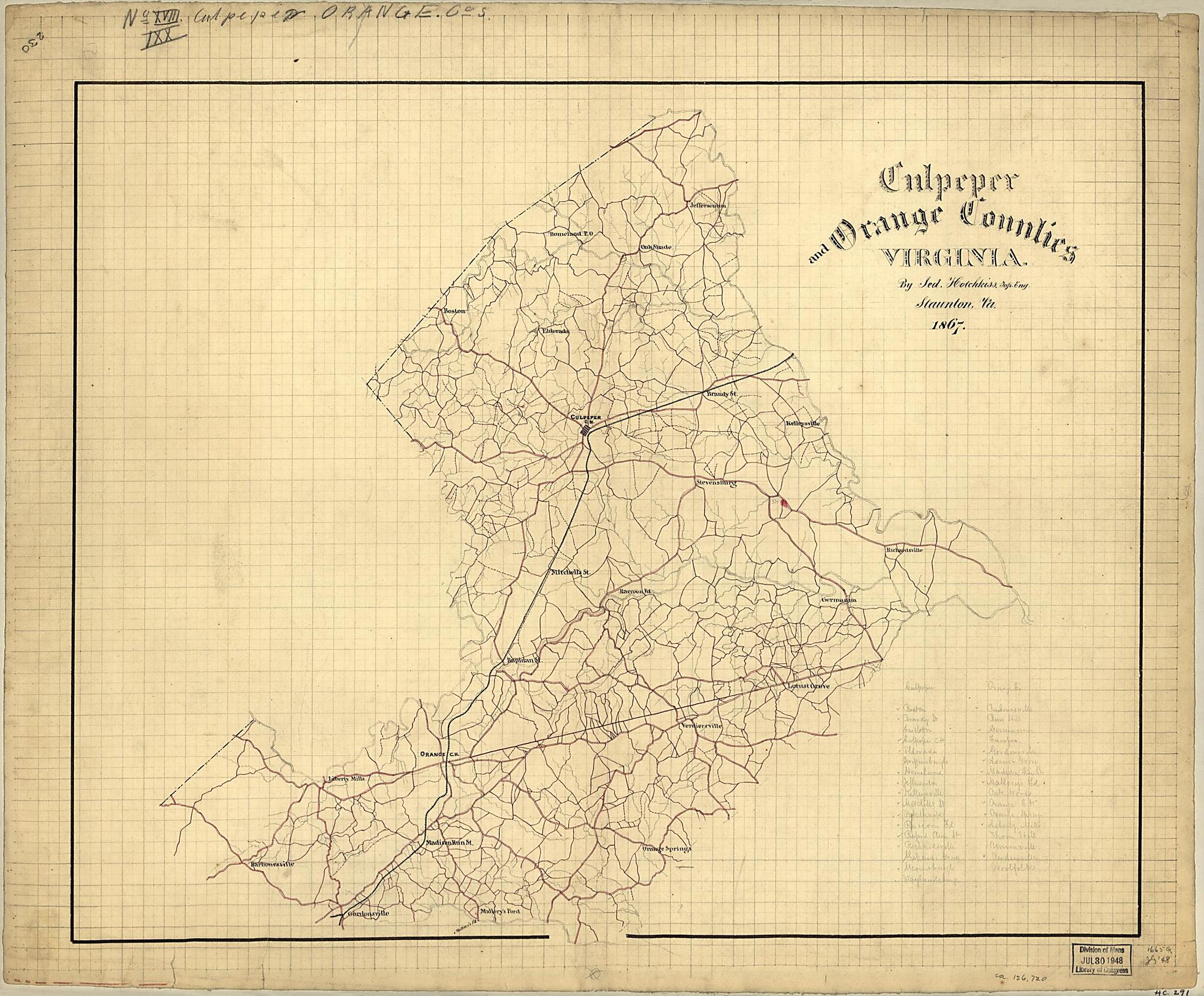 This old map of Culpeper and Orange Counties, Virginia from 1867 was created by Jedediah Hotchkiss in 1867