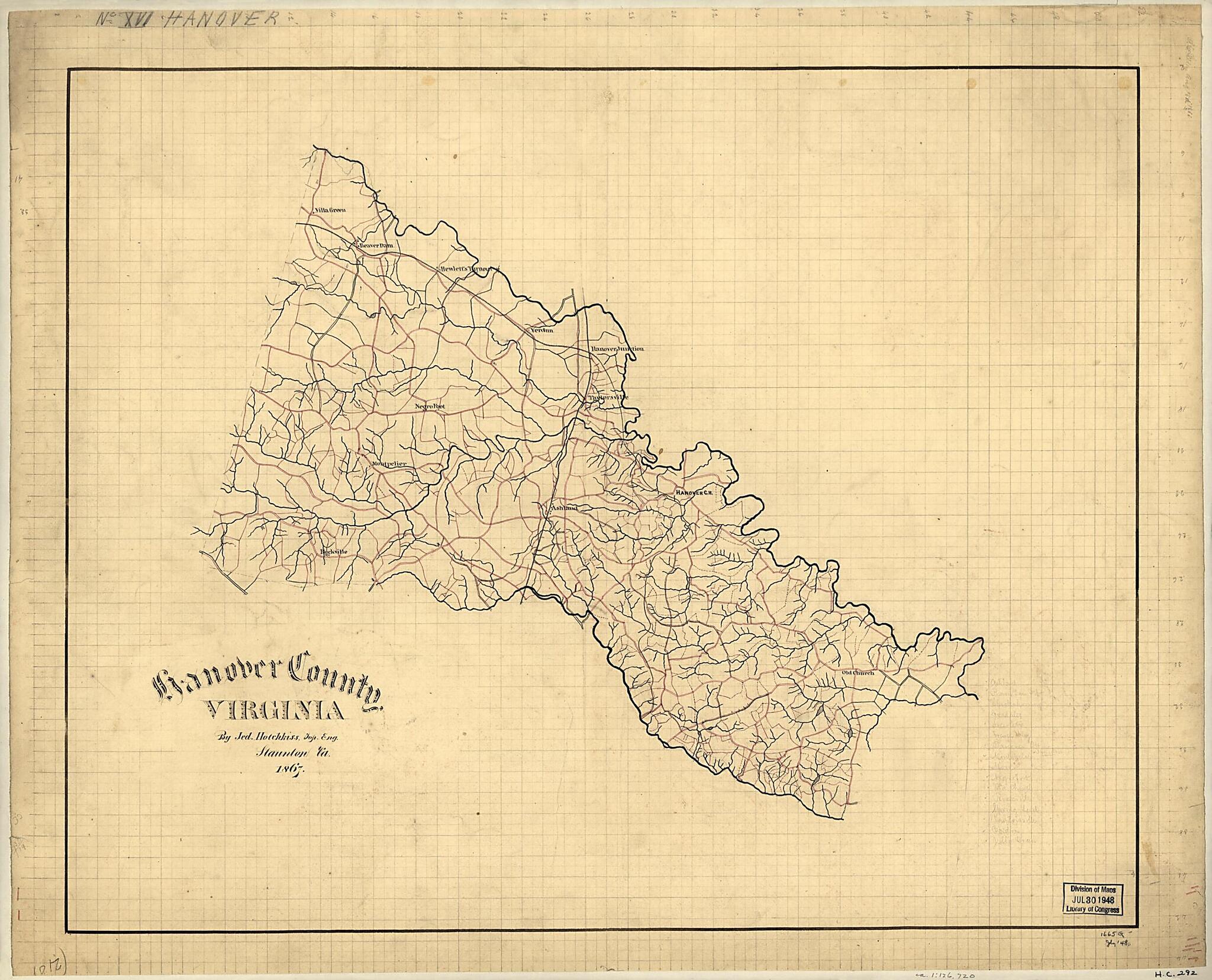 This old map of Hanover County, Virginia from 1867 was created by Jedediah Hotchkiss in 1867