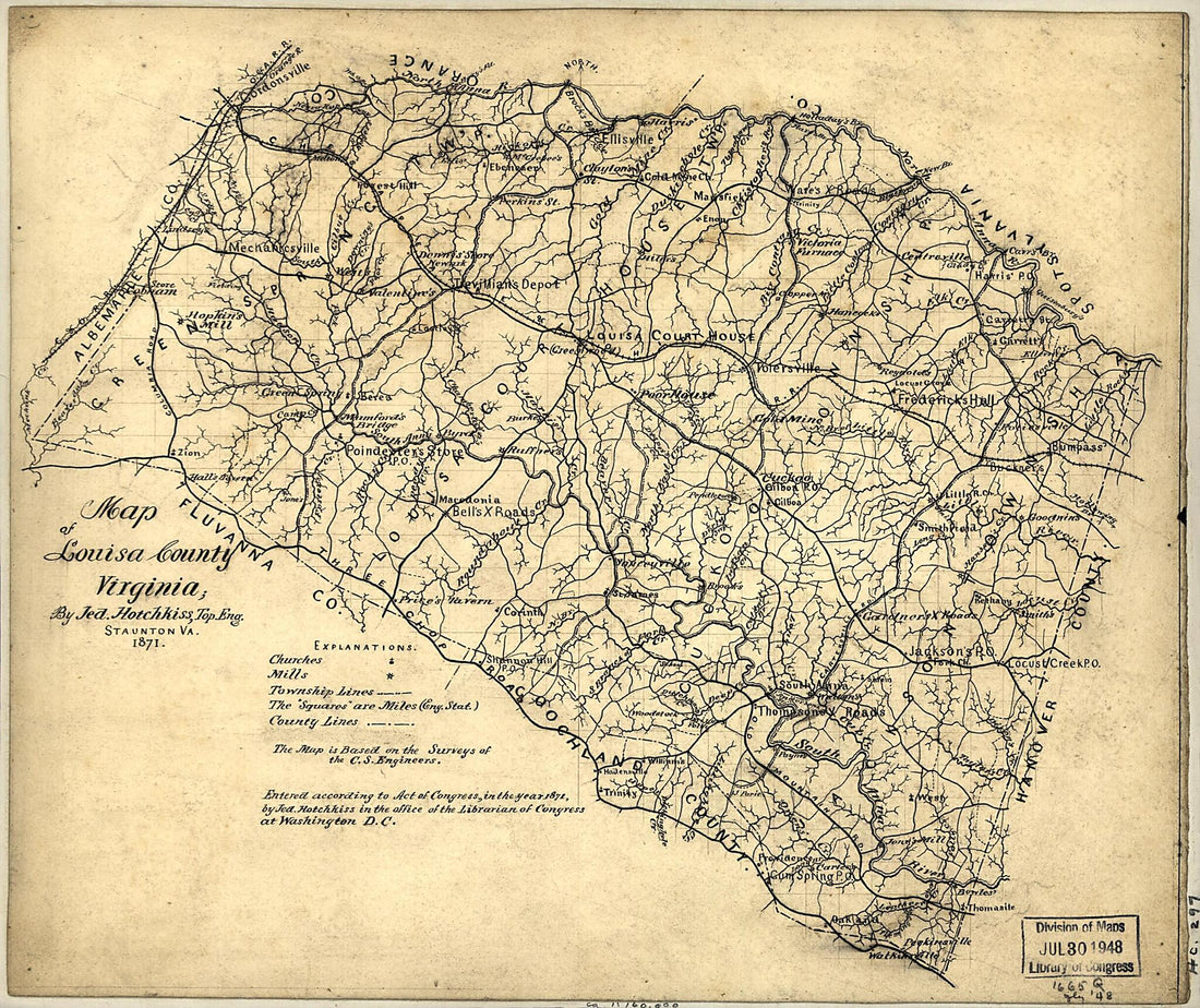 This old map of Map of Louisa County, Virginia from 1871 was created by Jedediah Hotchkiss in 1871