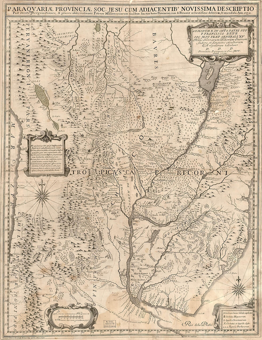 This old map of Paraguariæ Provinciæ Soc. Jesu Cum Adiacentibg. Novissima Descriptio : Post Iteratas Peregrinationes & Plures Observationes Patrum Missionariorum Eiusdem Soc. Tum Huius Provinciæ, Cum & Peruanæ Accuratissime Delineata & Emendata Ann.