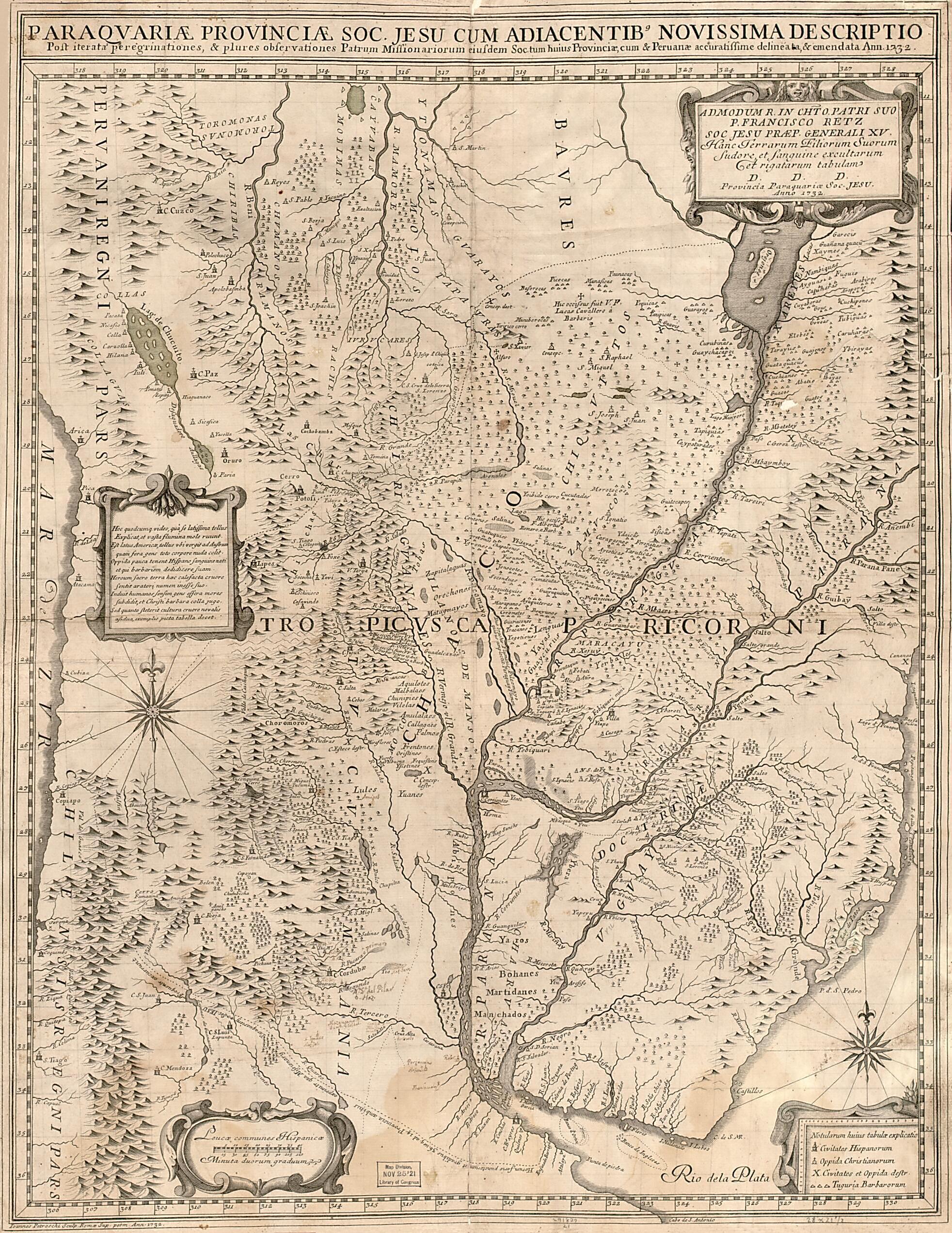 This old map of Paraguariæ Provinciæ Soc. Jesu Cum Adiacentibg. Novissima Descriptio : Post Iteratas Peregrinationes & Plures Observationes Patrum Missionariorum Eiusdem Soc. Tum Huius Provinciæ, Cum & Peruanæ Accuratissime Delineata & Emendata Ann.