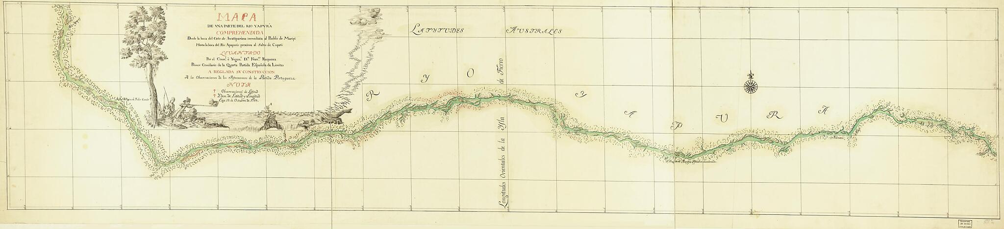 This old map of Mapa De Una Parte Del Rio Yapurá : Comprehendida Desde La Boca Del Caño De Avatiparána Immediata Al Pueblo De Maripi Hasta La Boca Del Rio Apaporis Proxima Al Salto De Cupati from 1788 was created by Francisco Requena in 1788