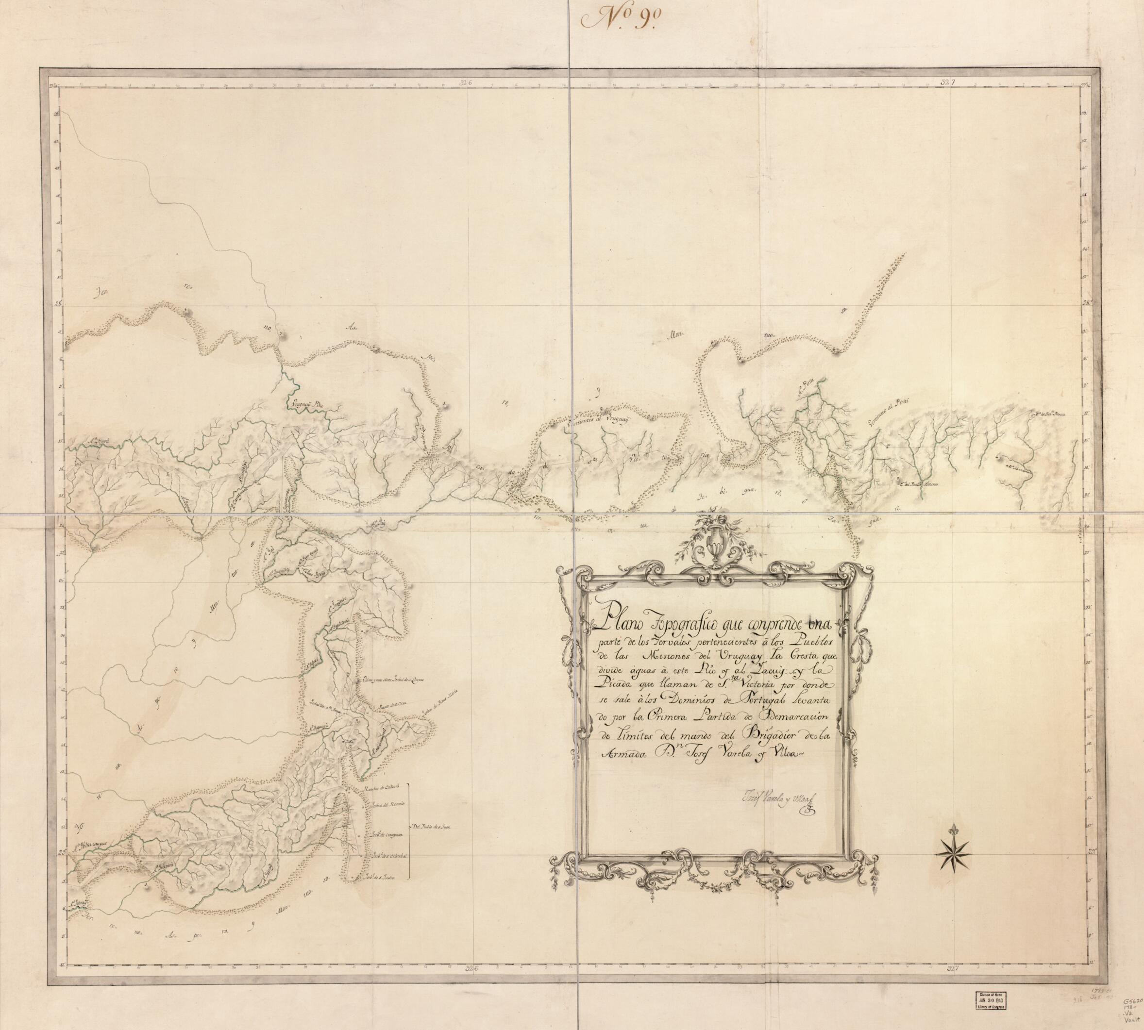 This old map of Plano Topografico Que Conprende Una Parte De Los Yervales Pertenecientes a Los Pueblos De Las Misiones Del Uruguay, La Cresta Que Divide Aguas a Este Rio Y Al Yacuy Y La Picada Que Llaman De Sta. Victoria Por Donde Se Sale a Los Dominios