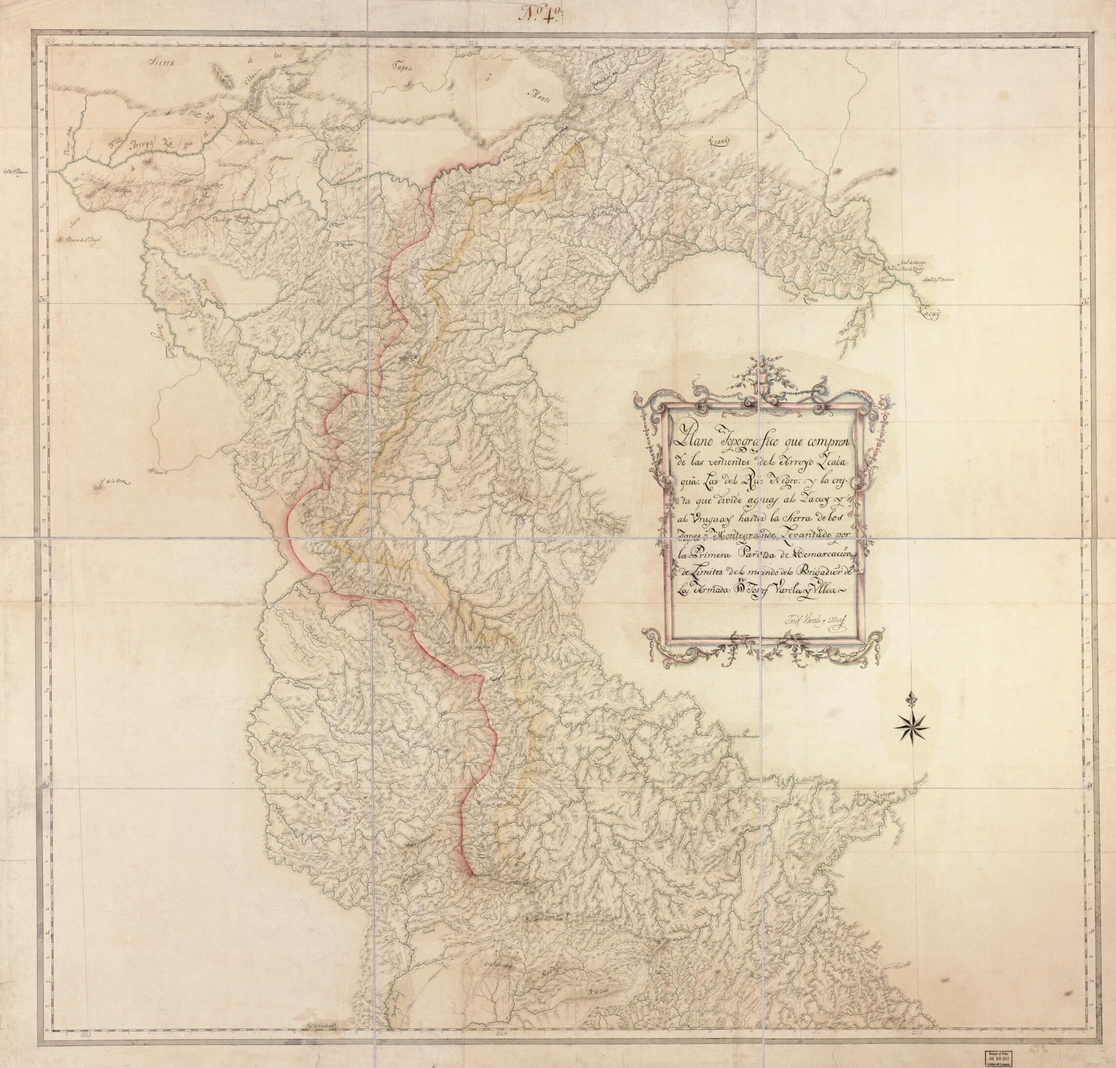 This old map of Plano Topografico Que Comprende Las Vertientes Del Arroyo Ycabaqua, Las Del Rio Negro Y La Cresta Que Divide Aguas Al Yacuy Y Al Uruguay Hasta La Sierra De Los Tapes O Montegrande from 1780 was created by José Varela Y Ulloa in 1780