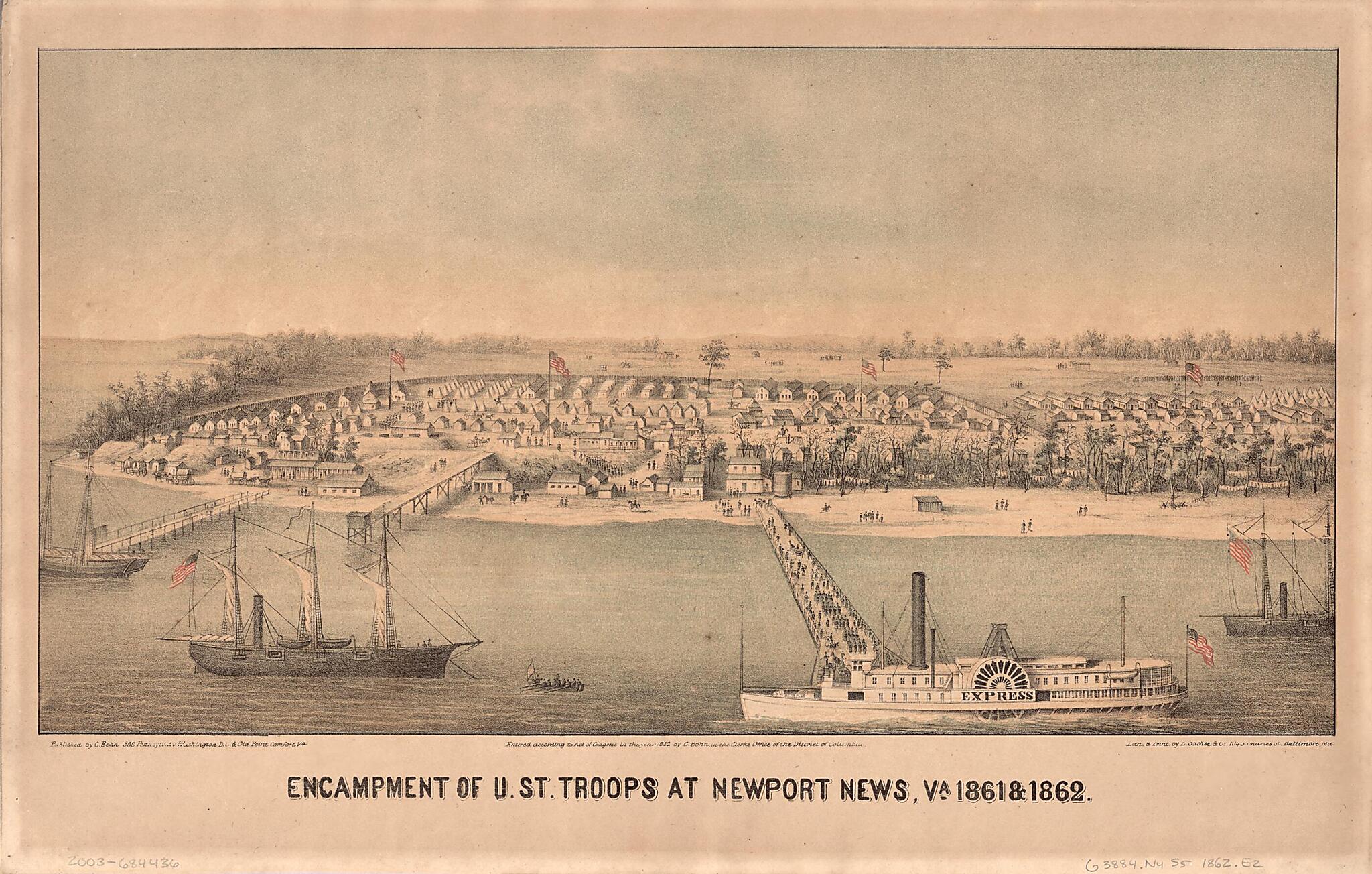This old map of Encampment of U.St. Troops at Newport News, Va., 1861 & from 1862 (Encampment of United States Troops at Newport News, Va., 1861 & from 1862, Encampment of U.S. Troops at Newport News, Va., 1861 & from 1862) was created by Casimir Bohn,