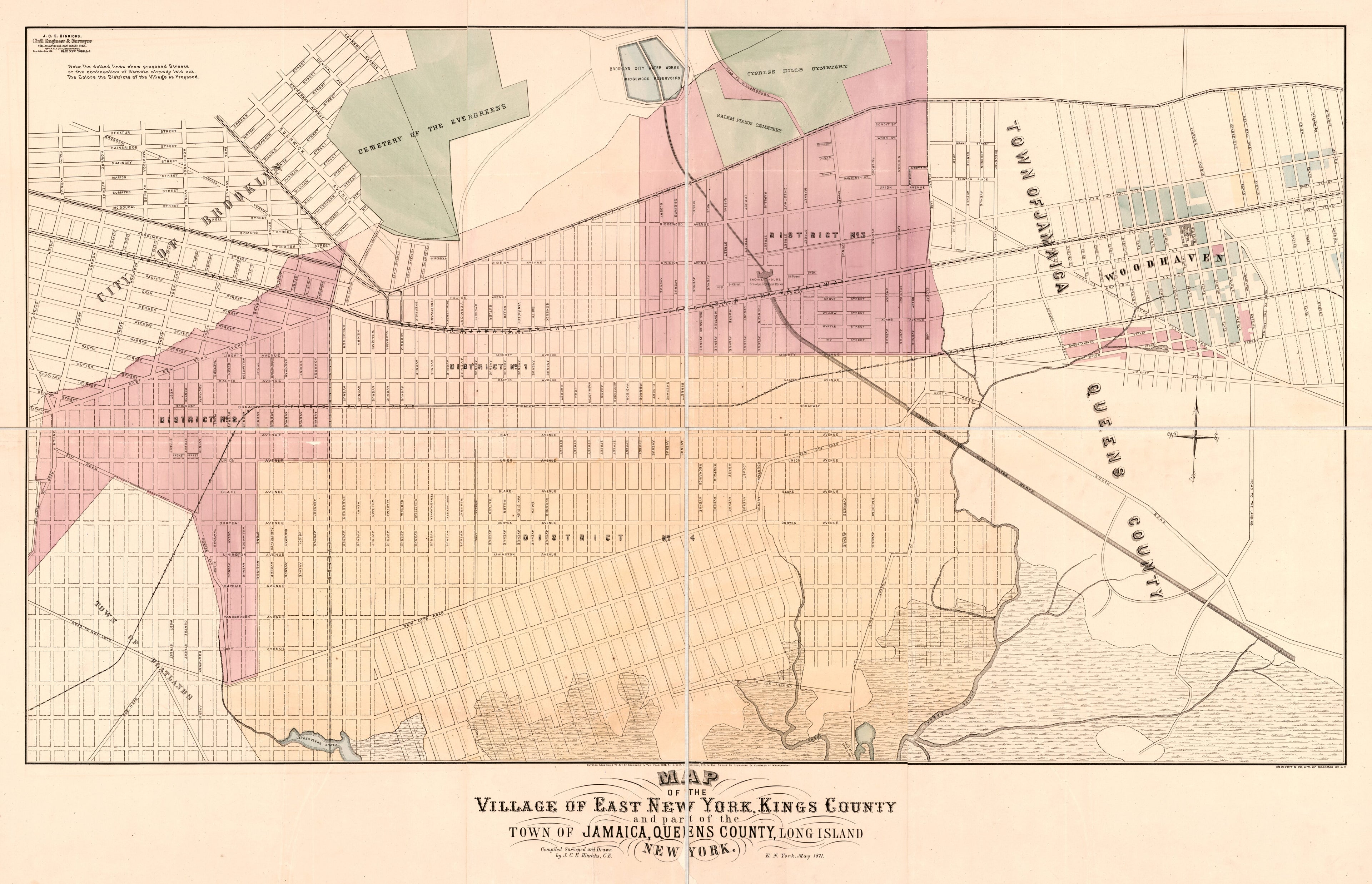 This old map of Map of the Village of East New York, Kings County, and Part of the Town of Jamaica, Queens County, Long Island, New York from 1871 was created by N.Y.) Endicott & Co. (New York, J. C. E. Hinrichs in 1871